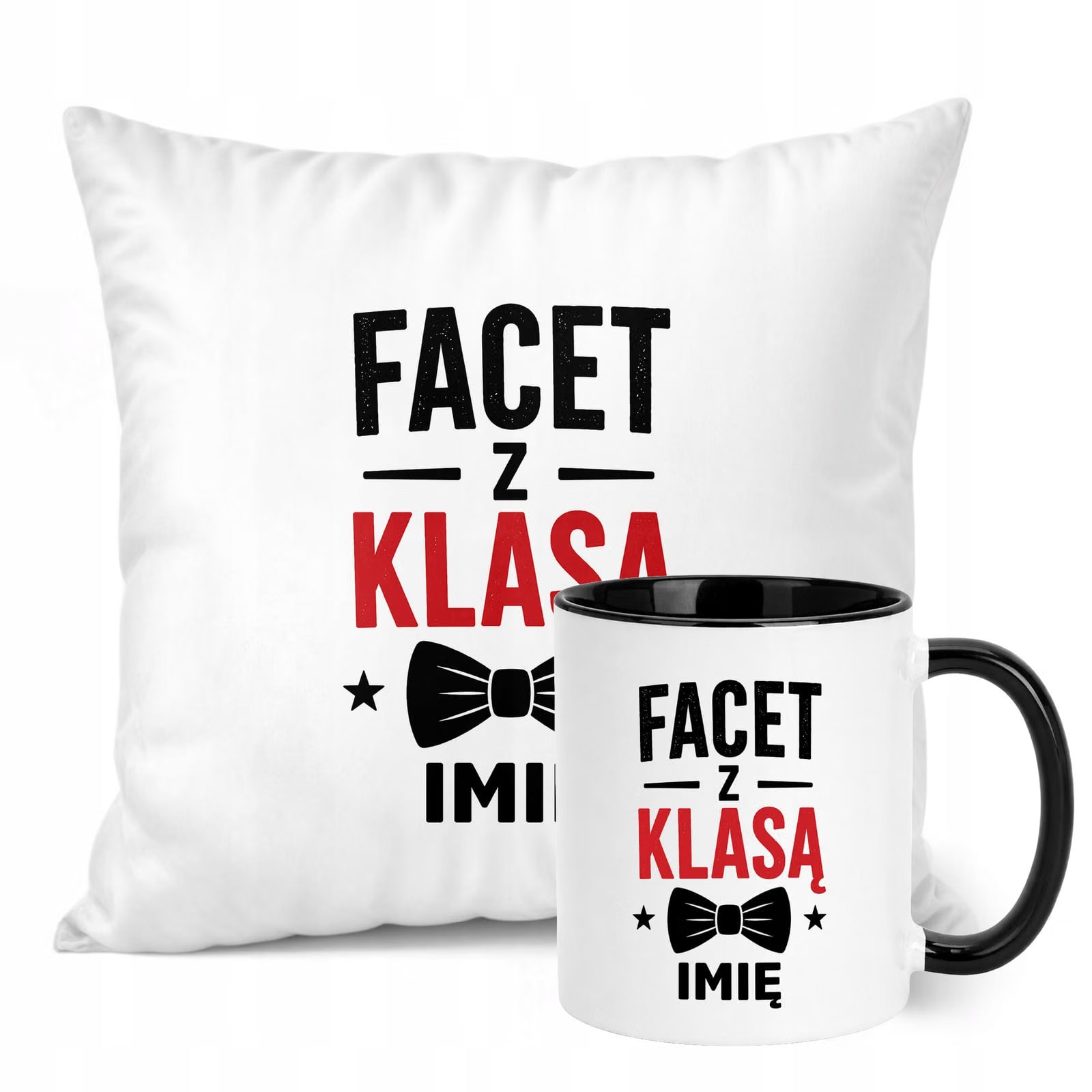 Zestaw Personalizowany Kubek Czarny Poduszka Dzień Chłopaka Z Nadrukiem