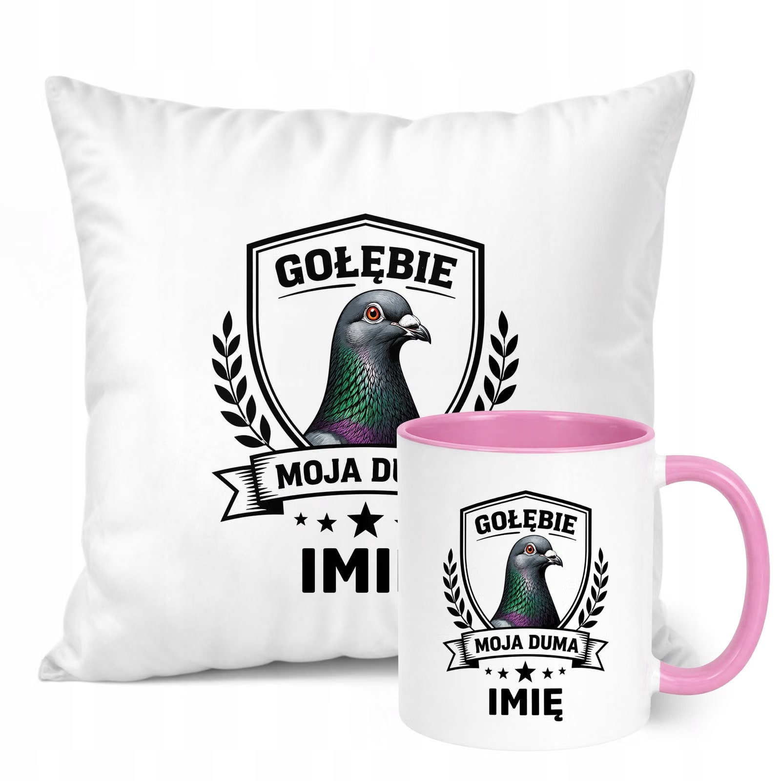 Zestaw Personalizowany Kubek Różowy Poduszka Z Nadrukiem Dla Gołębiarza