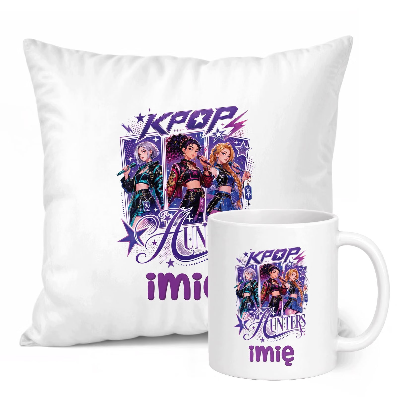 Zestaw Personalizowany Kubek Biały Poduszka Łowczynie Kpop Prezent