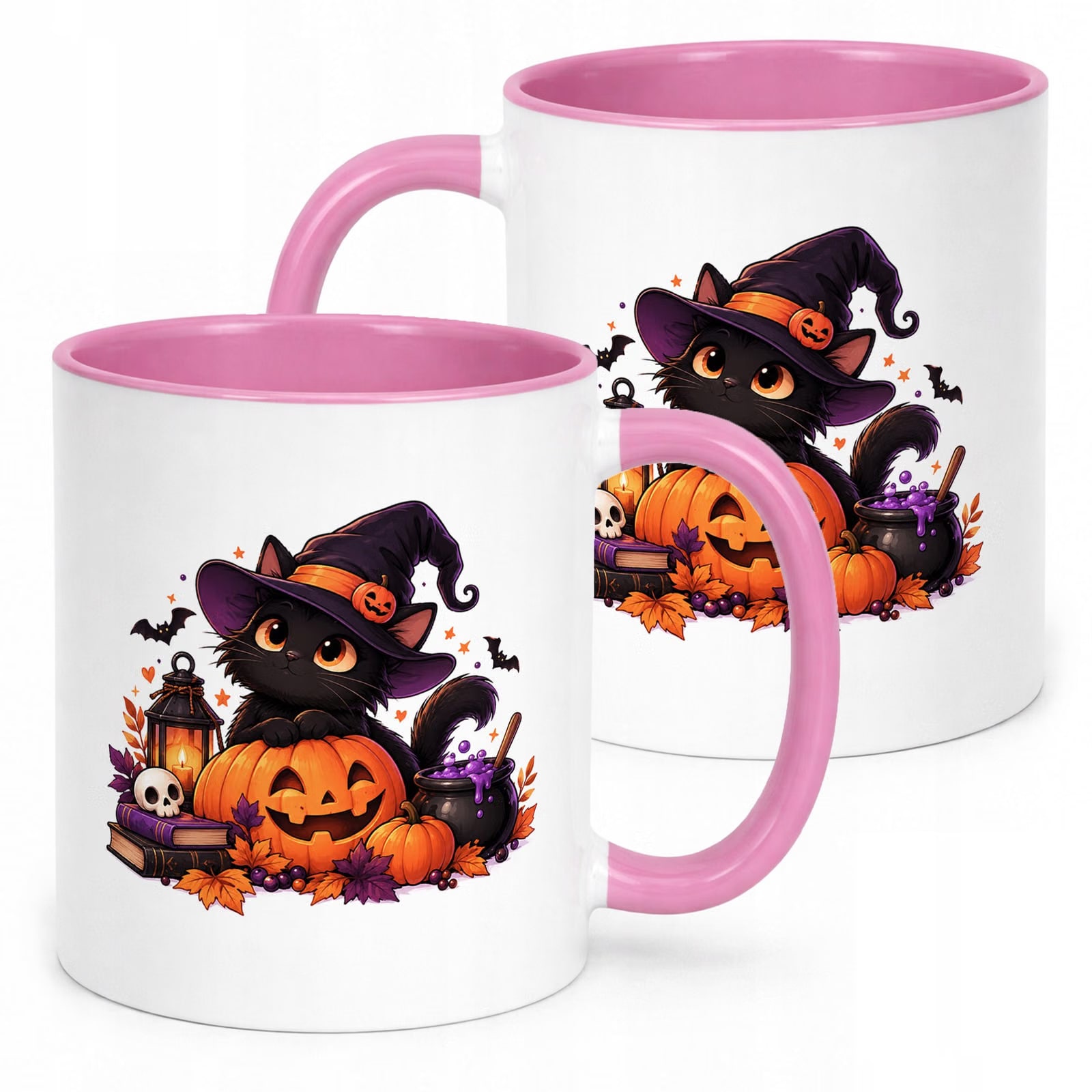 Kubek Różowy z Nadrukiem Halloween Jesień Kot Dynia Prezent Upominek