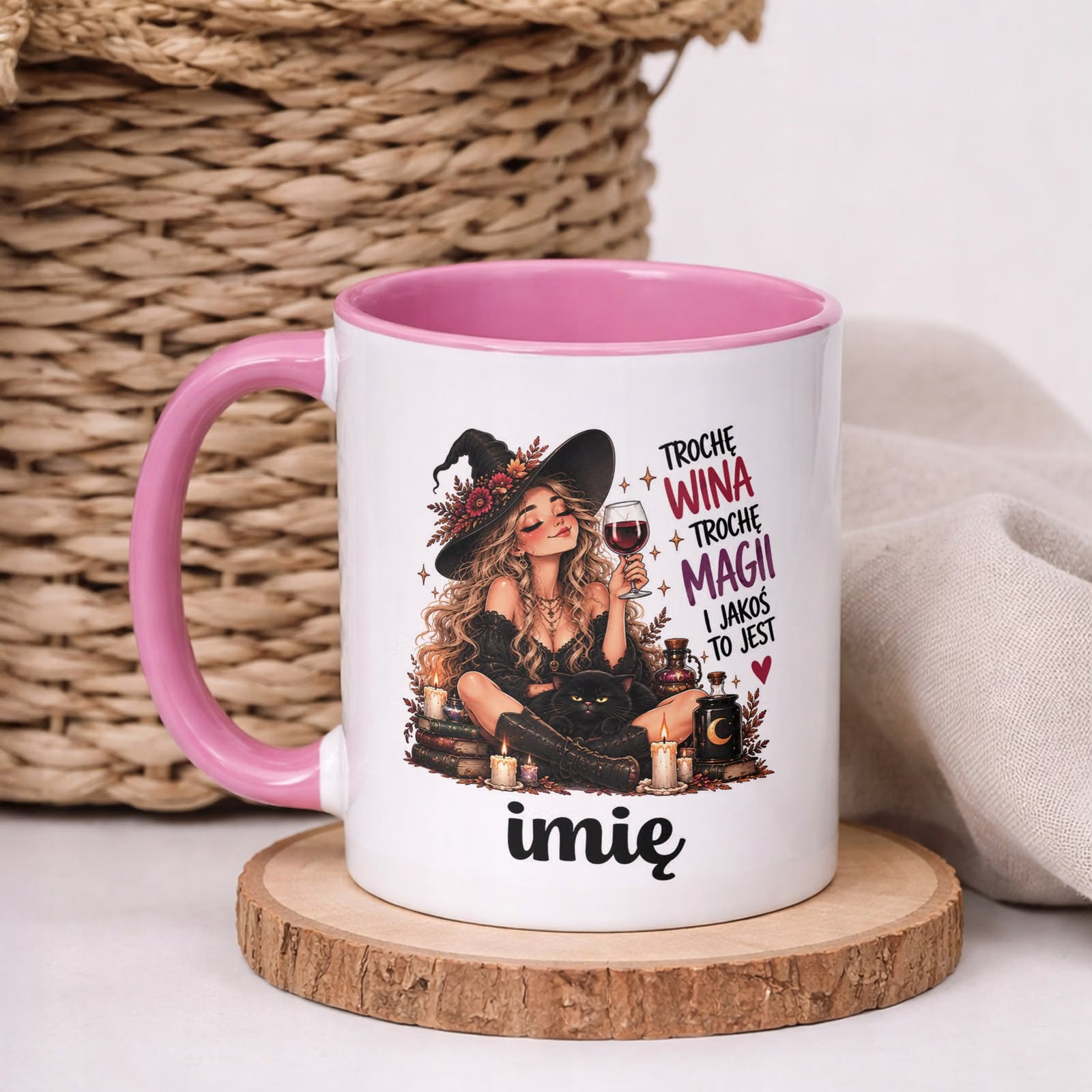 Kubek Różowy Personalizowany z Nadrukiem Dla Kobiet Czarownica Wiedźma