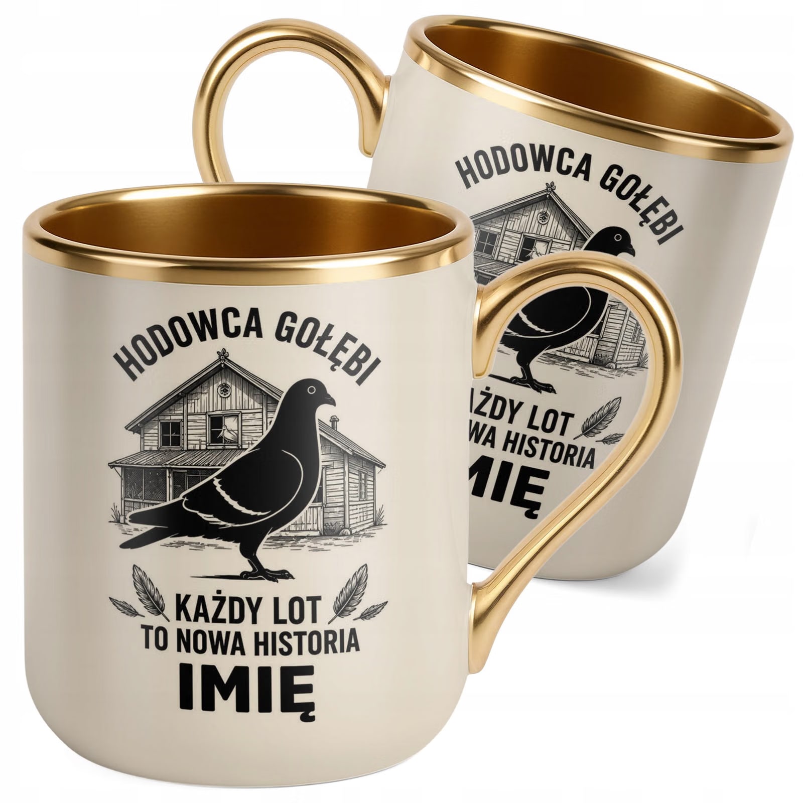 Kubek Personalizowany z nadrukiem Premium Złoty Ecru Dla Gołębiarza Prezent