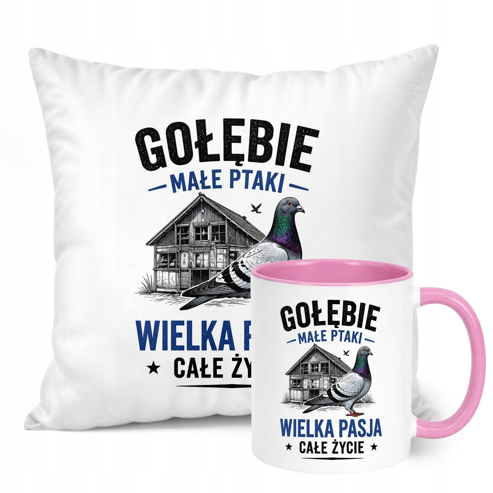 Zestaw Kubek Różowy Poduszka Z Nadrukiem Dla Gołębiarza Prezent