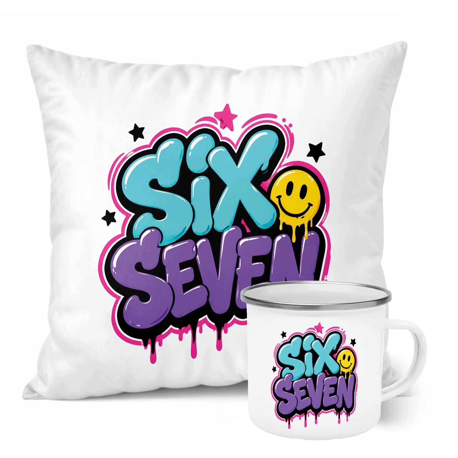 Zestaw Kubek Emaliowany Poduszka Z Nadrukiem SIX SEVEN Prezent