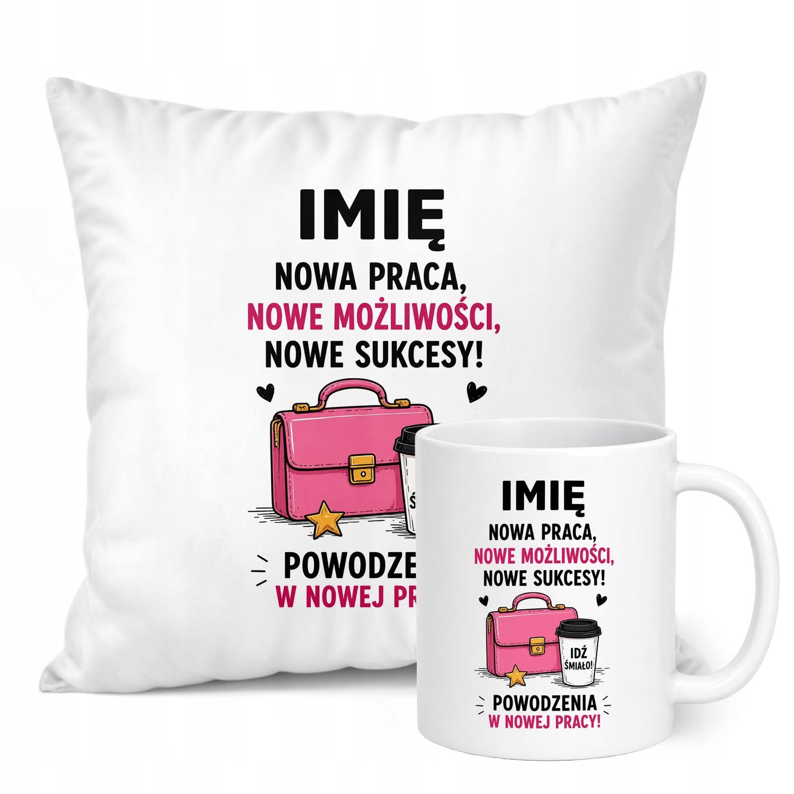 Zestaw Personalizowany Kubek Biały Poduszka Odejście z Pracy Prezent