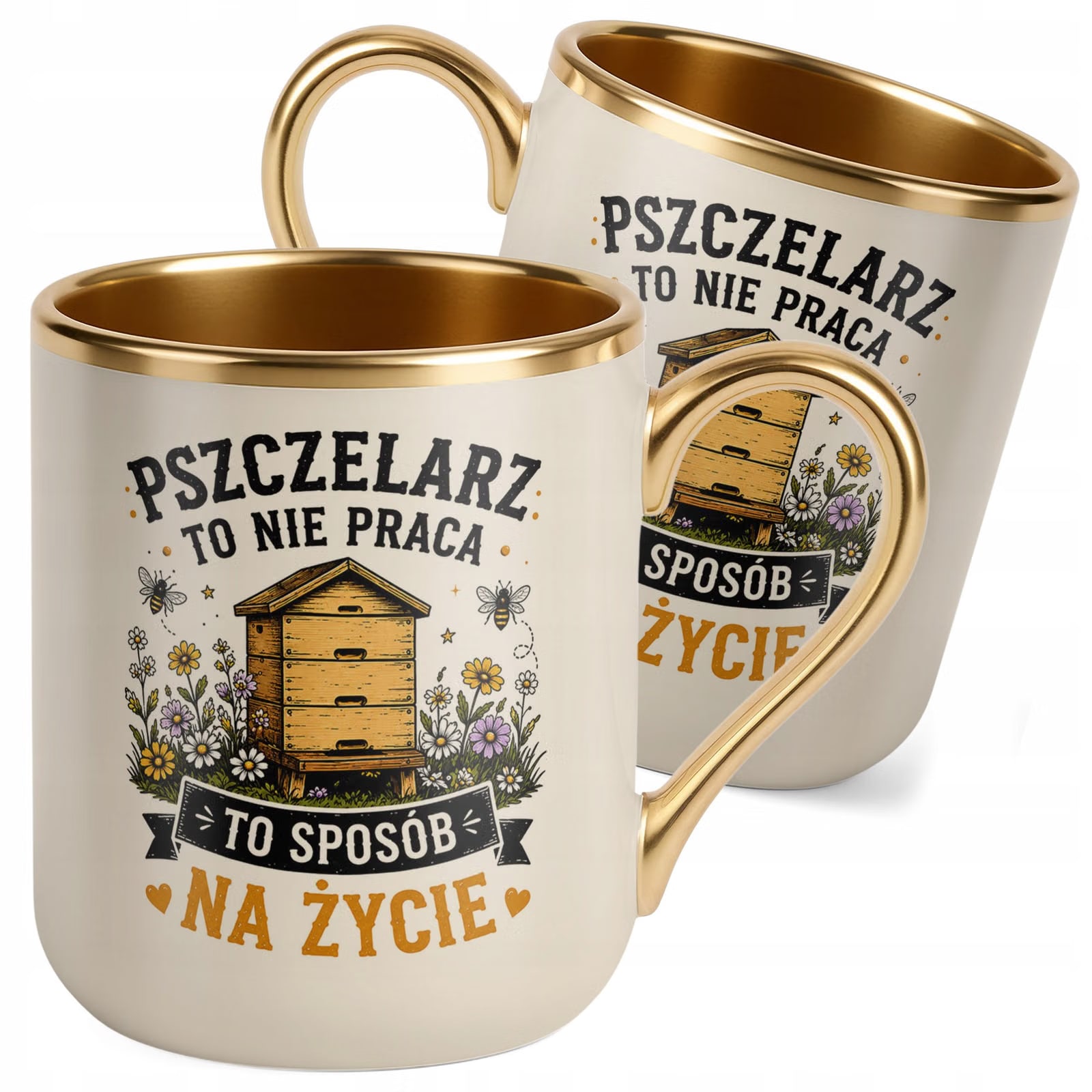 Kubek z nadrukiem Premium Złoty Ecru Dla Pszczelarza Szef Pasieki Prezent