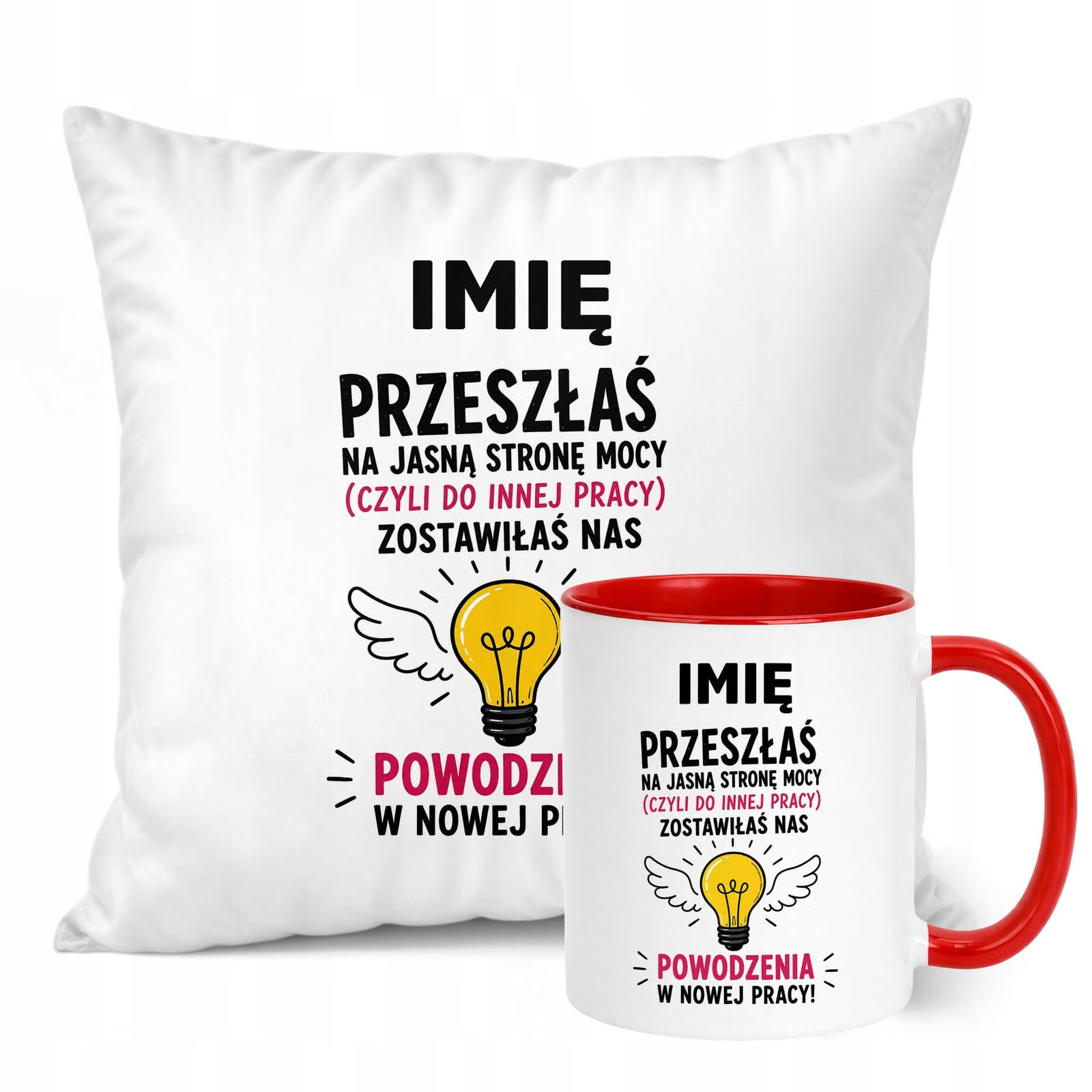 Zestaw Personalizowany Kubek Czerwony Poduszka Odejście z Pracy Prezent