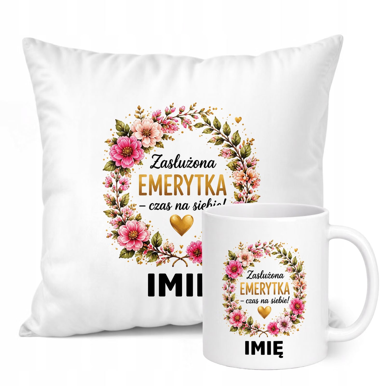 Zestaw Personalizowany Kubek Biały Poduszka Emerytura Dla Emerytki Prezent