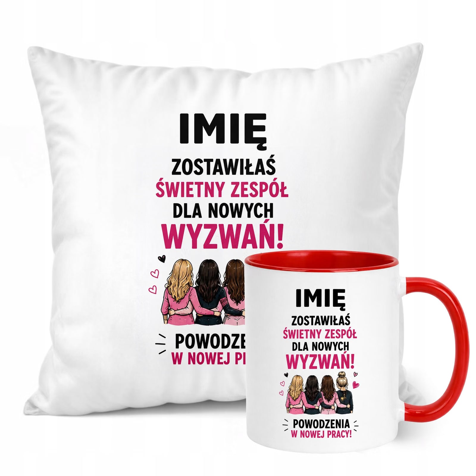 Zestaw Personalizowany Kubek Czerwony Poduszka Odejście z Pracy Prezent