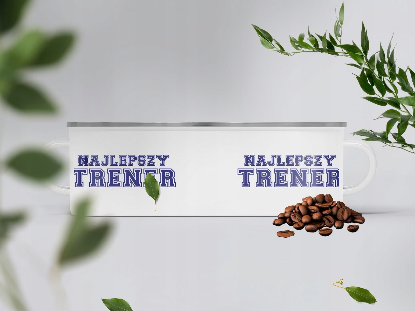 Kubek Emaliowany Najlepszy Trener Sport Prezent z Nadrukiem Biały Metalowy