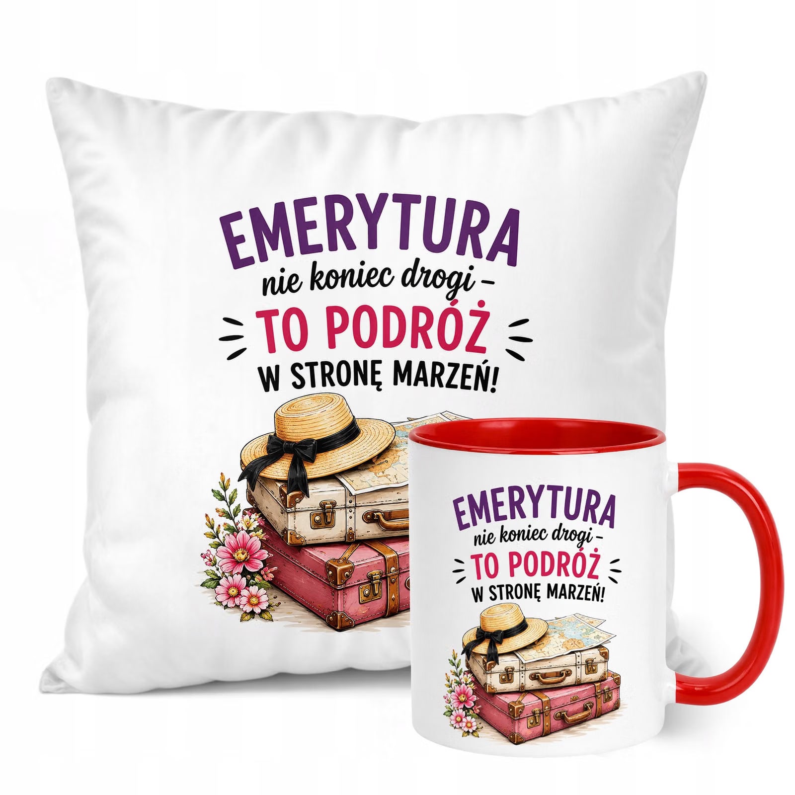 Zestaw Kubek Czerwony Poduszka Z Nadrukiem Emerytura Dla Emerytki Prezent
