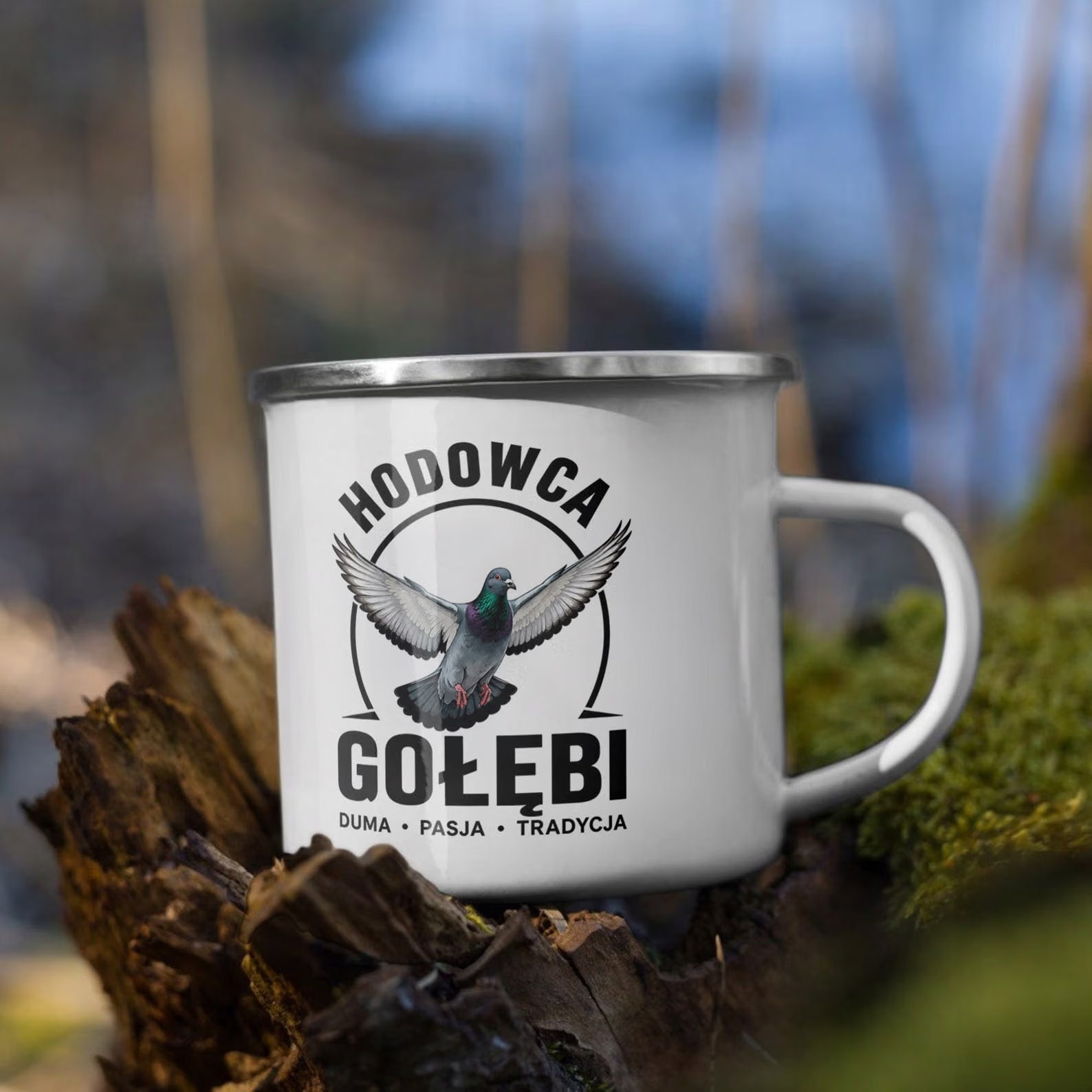 Kubek Emaliowany Dla Hodowcy Gołębi z Nadrukiem Biały Metalowy Prezent