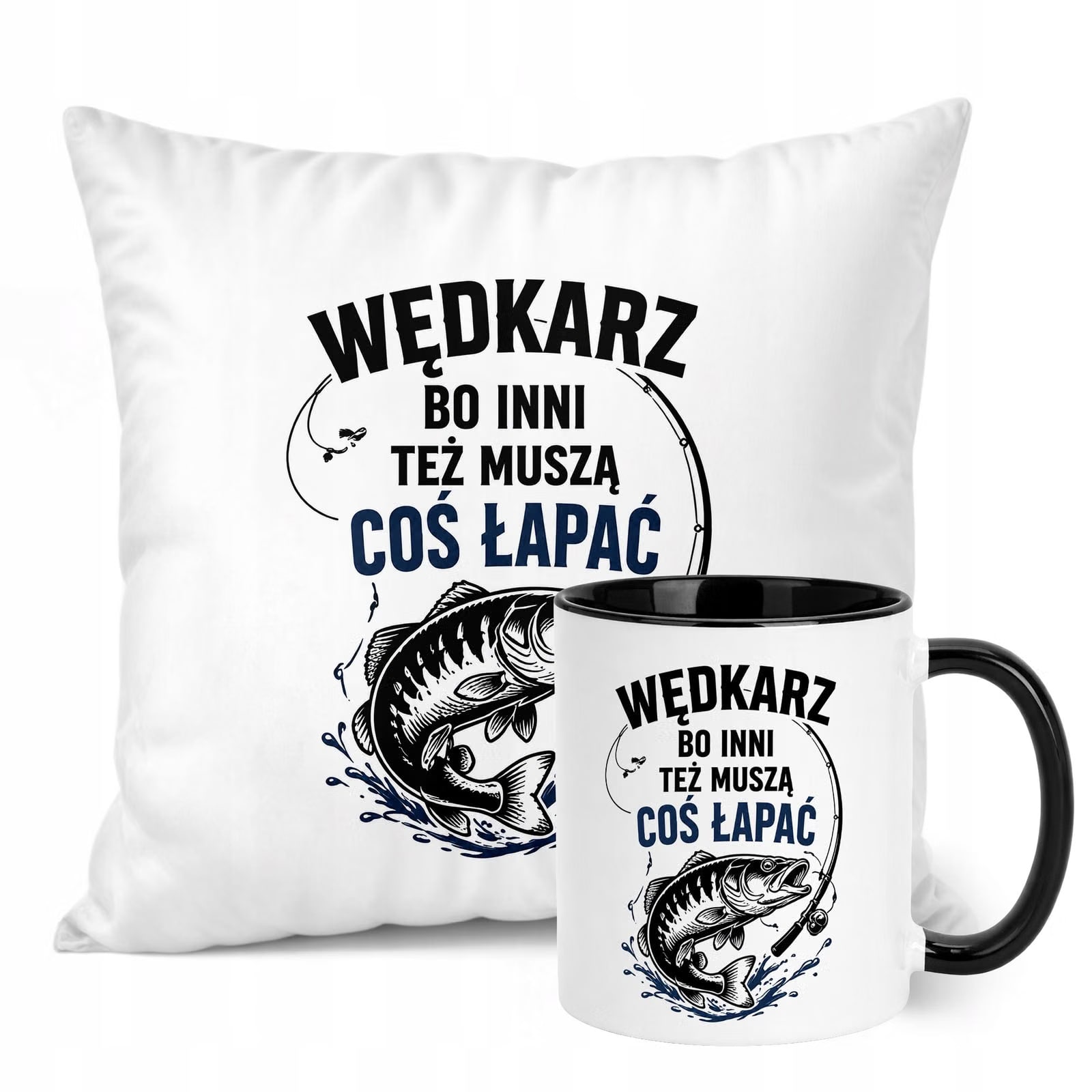 Zestaw Kubek Czarny Poduszka Z Nadrukiem Dla Wędkarza Prezent