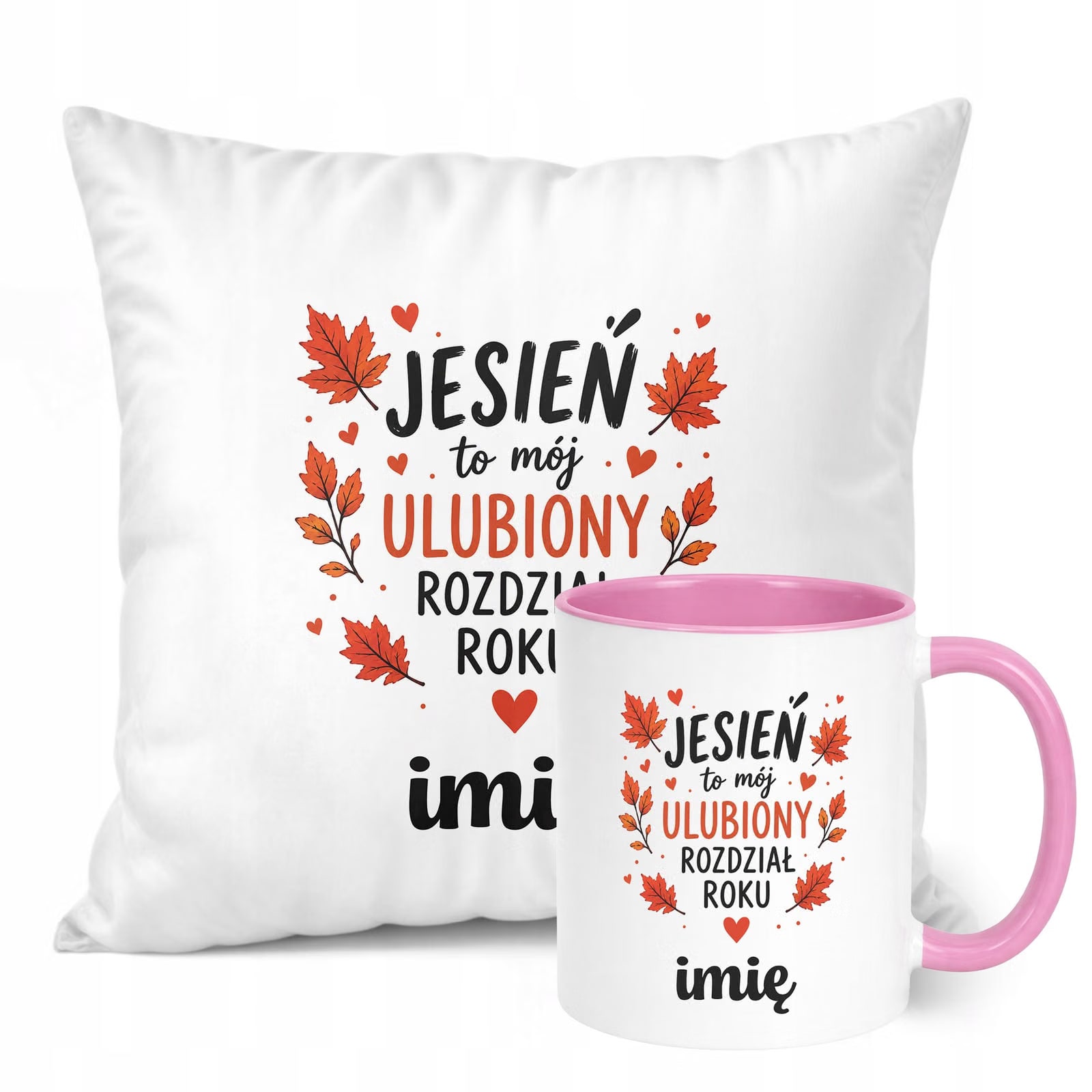 Zestaw Personalizowany Kubek Różowy Poduszka Jesień Jesienny Z Nadrukiem