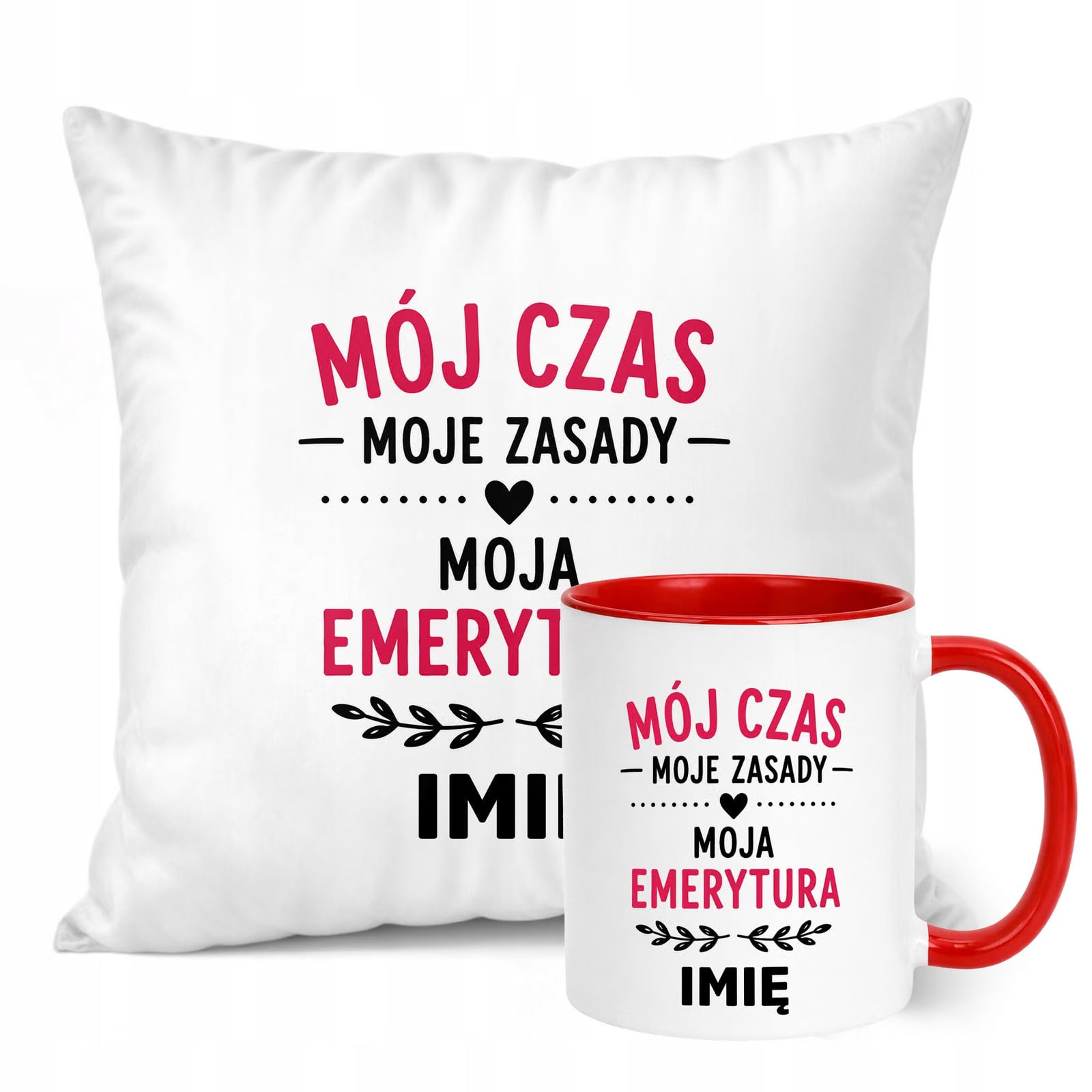 Zestaw Personalizowany Kubek Czerwony Poduszka Emerytura Upominek Prezent
