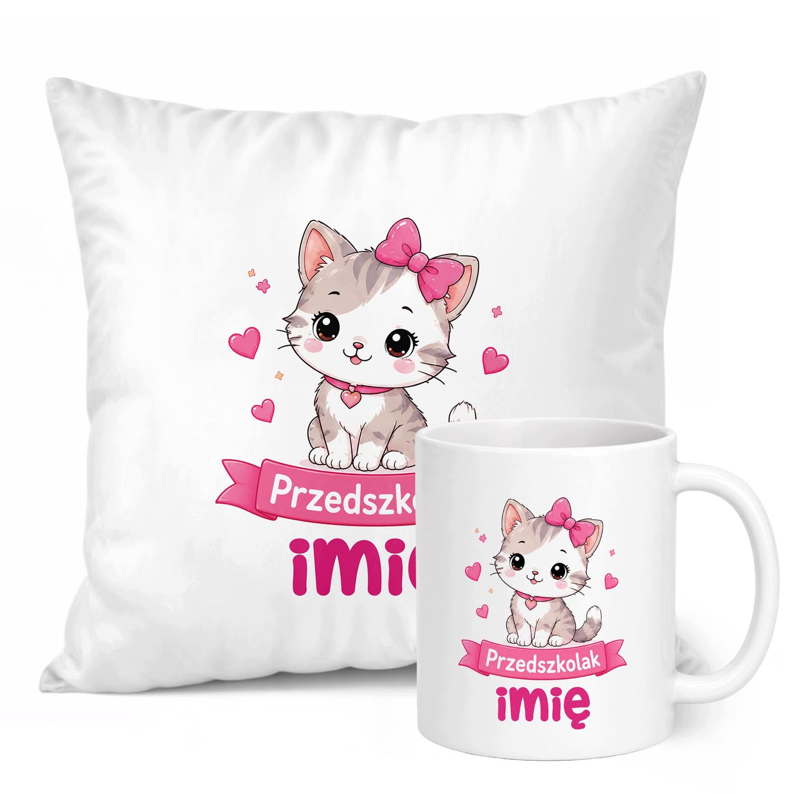 Zestaw Personalizowany Kubek Biały Poduszka Przedszkolak Kotek