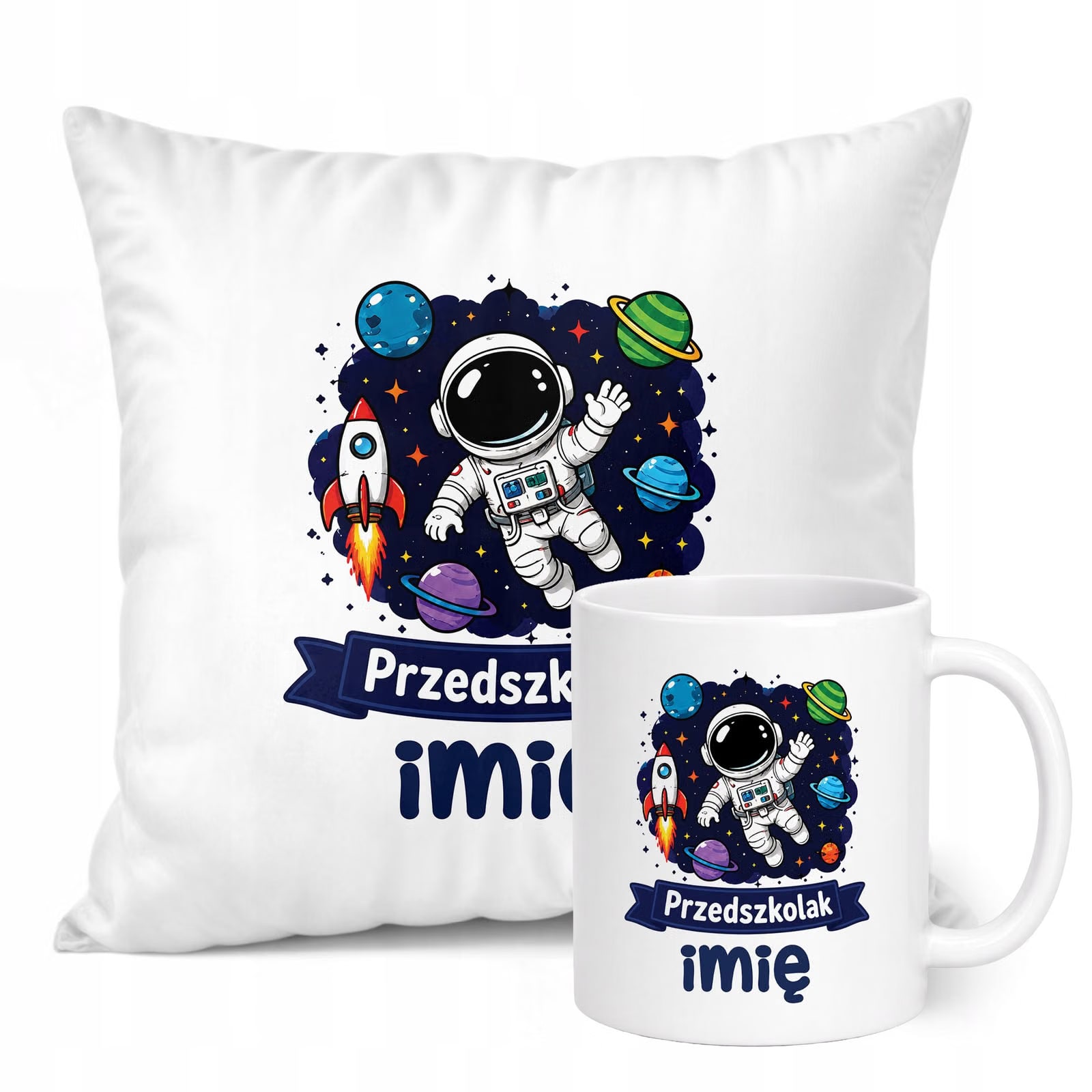 Zestaw Personalizowany Kubek Biały Poduszka Przedszkolak Astronauta