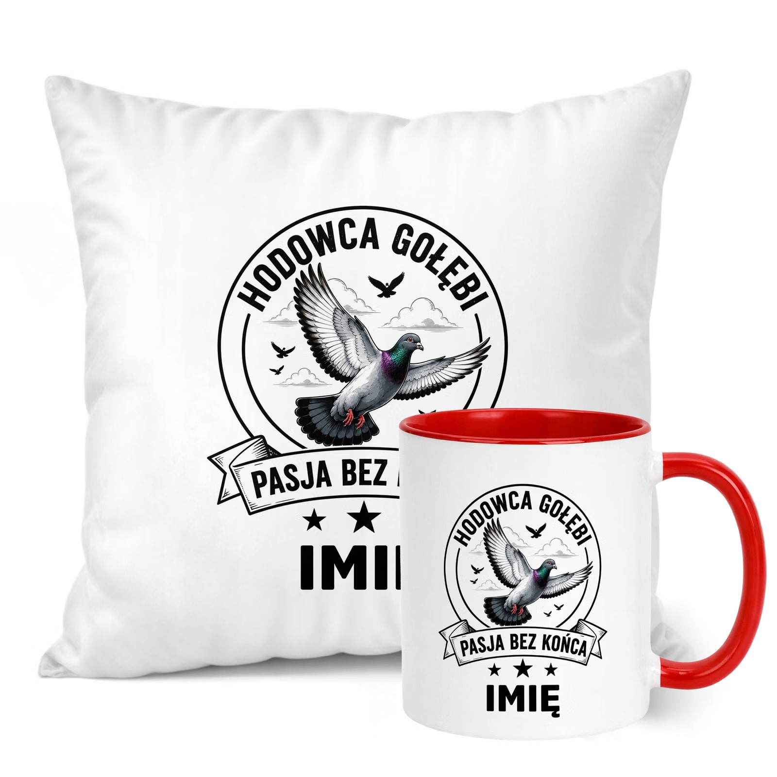 Zestaw Personalizowany Kubek Czerwony Poduszka Z Nadrukiem Dla Gołębiarza