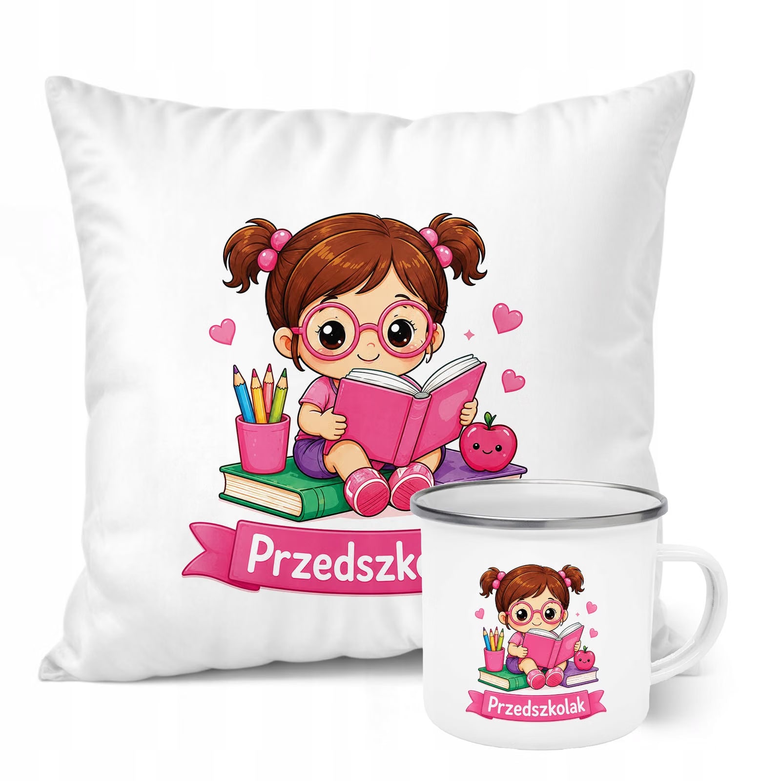 Zestaw Kubek Emaliowany Poduszka Z Nadrukiem Przedszkolak Szkoła Prezent