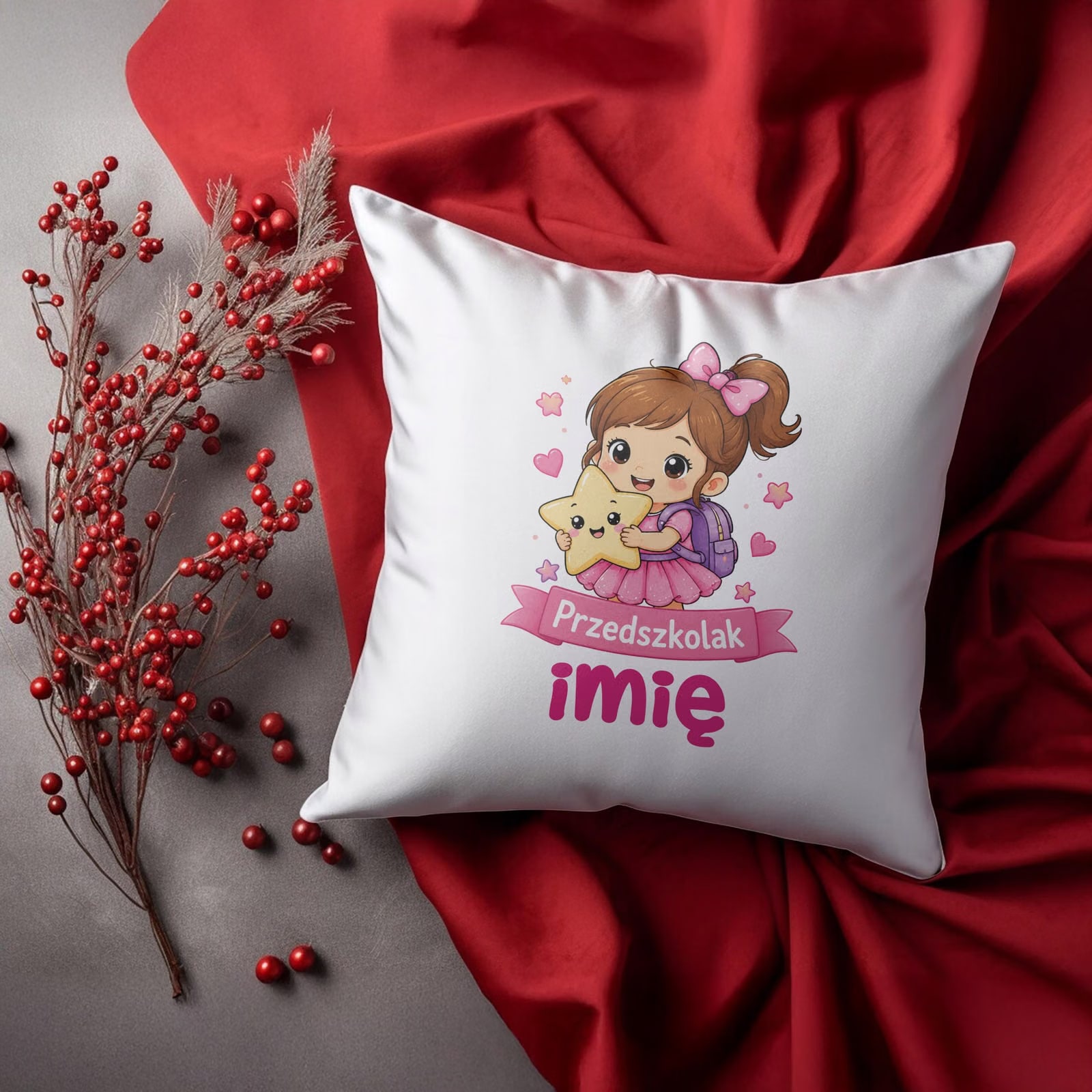 Zestaw Personalizowany Kubek Różowy Poduszka Przedszkolak Prezent