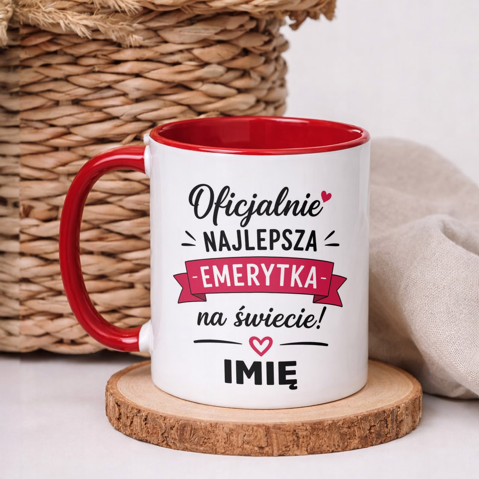 Kubek Czerwony Personalizowany z Nadrukiem Emerytura Dla Emerytki Prezent