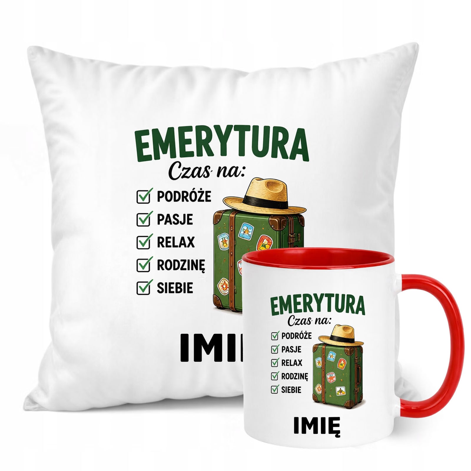 Zestaw Personalizowany Kubek Czerwony Poduszka Emerytura Upominek Prezent