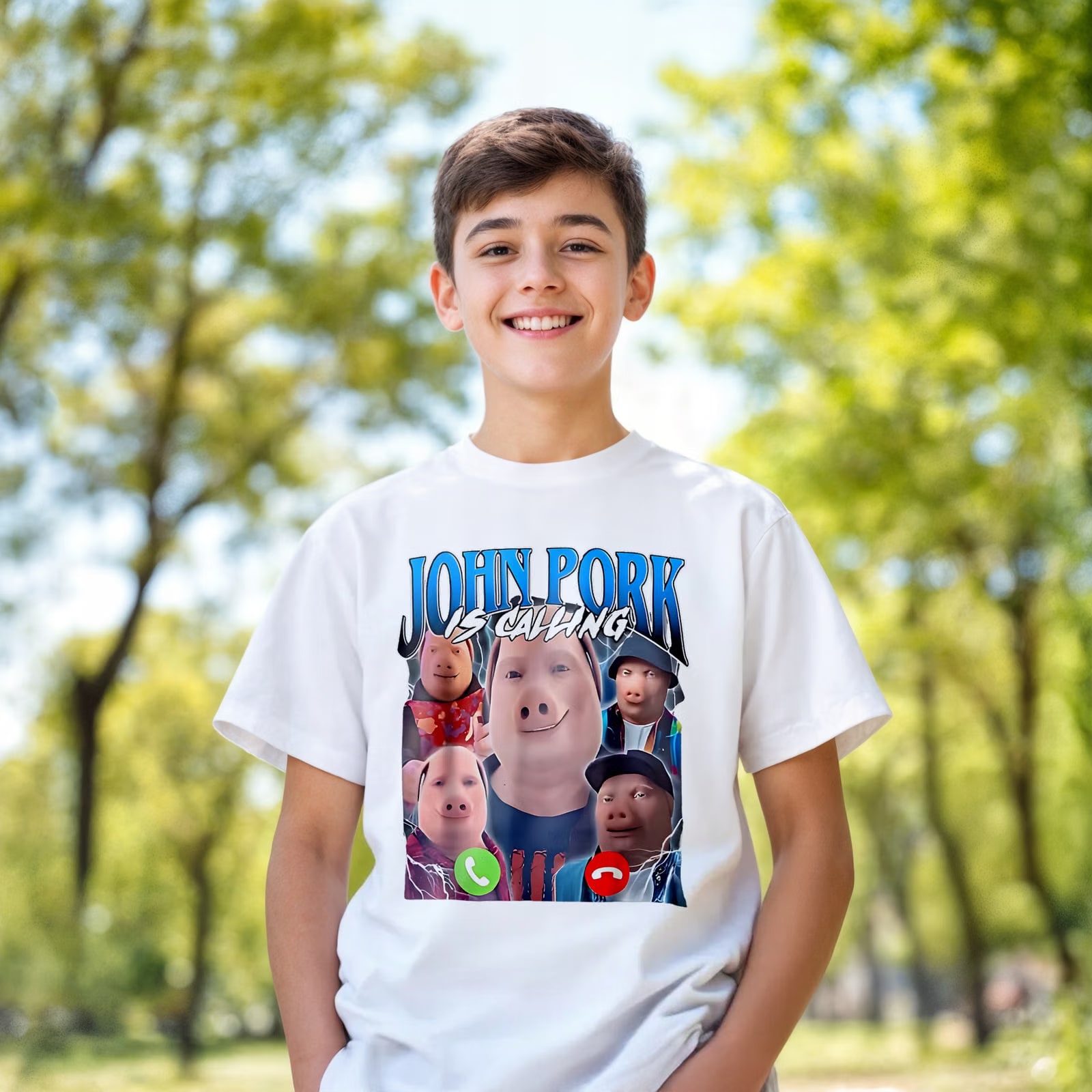 Koszulka biała dziecięca John Pork Calling viral tiktok brainrot mem