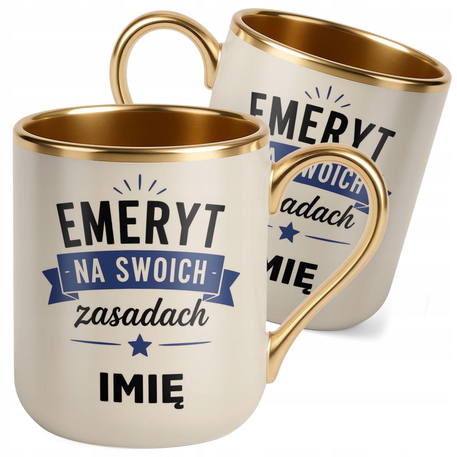 Kubek Personalizowany z nadrukiem Premium Złoty Ecru Emerytura Prezent