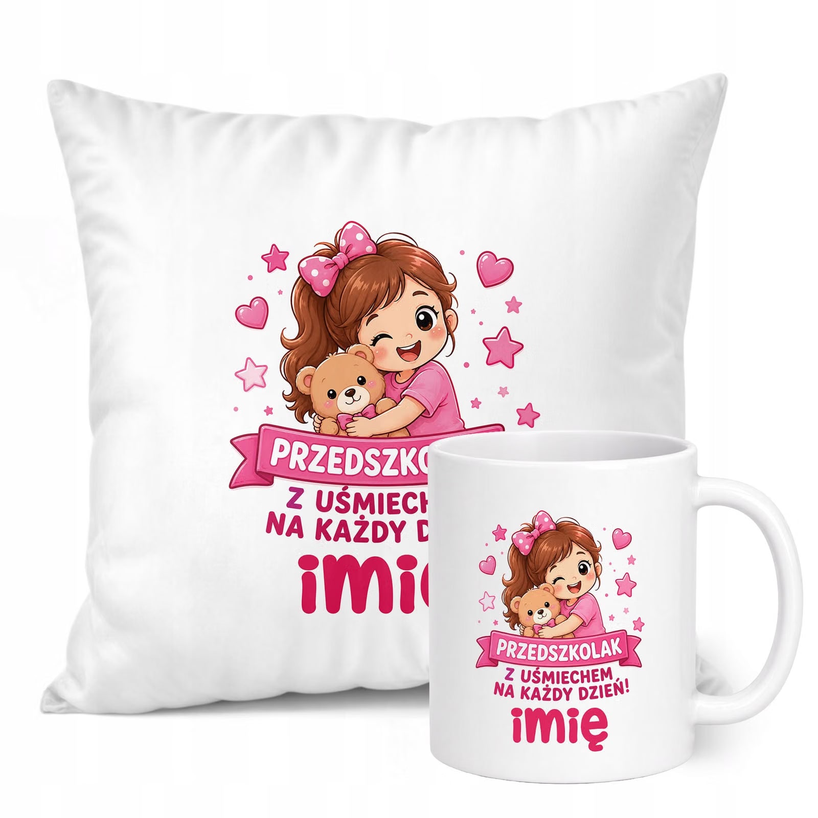 Zestaw Personalizowany Kubek Biały Poduszka Przedszkolak Prezent
