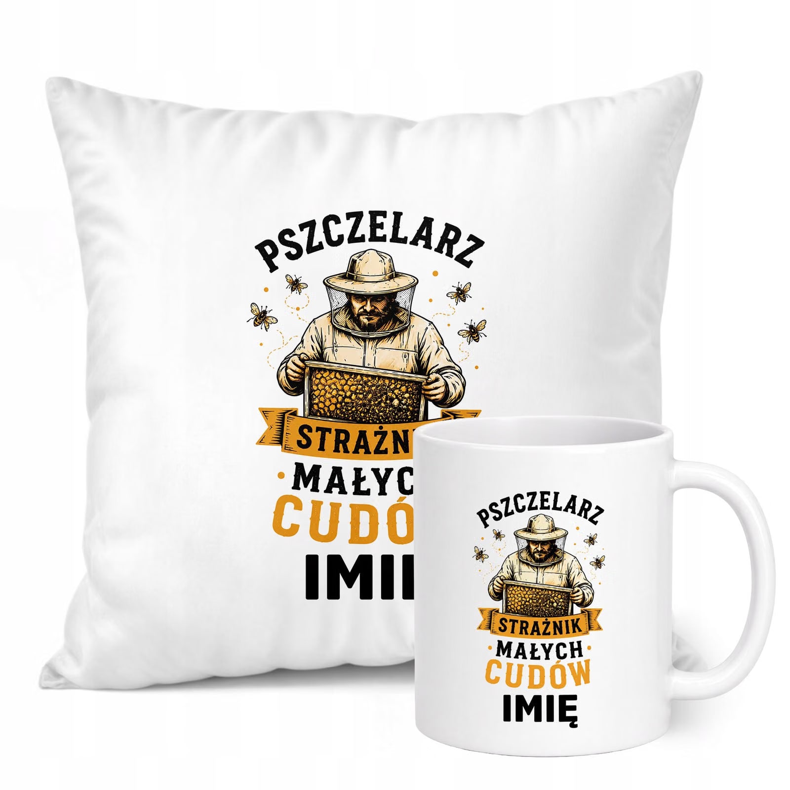 Zestaw Personalizowany Kubek Biały Poduszka Z Nadrukiem Dla Pszczelarza