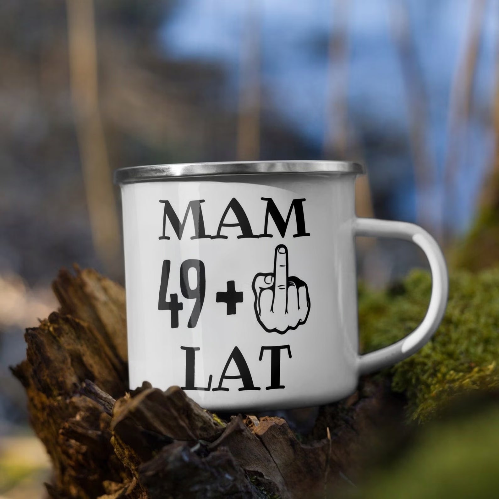 Kubek Emaliowany Urodziny Mam 50 Lat Zabawny z Nadrukiem Biały Metalowy