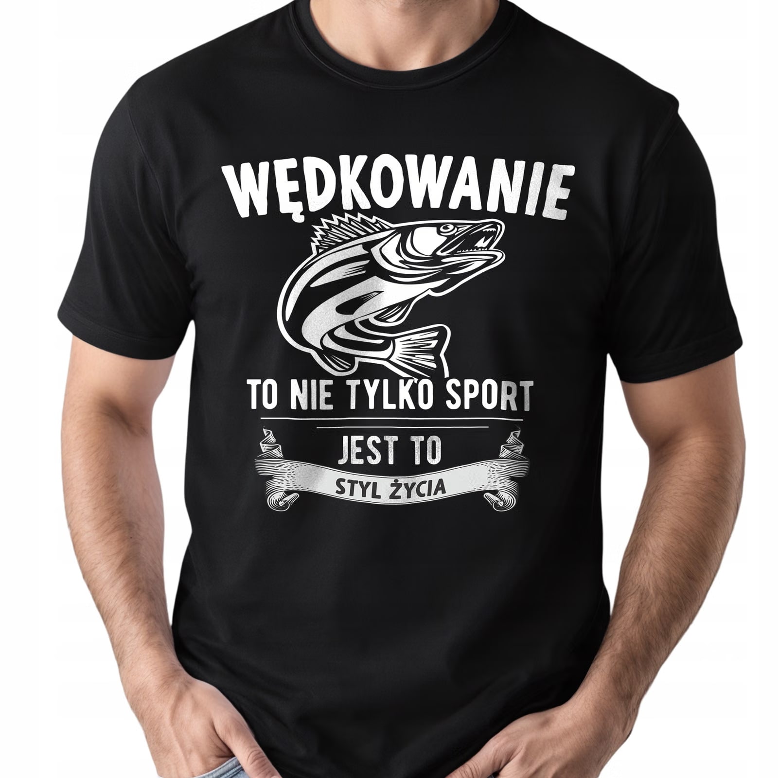Koszulka czarna męska Dla Wędkarza Wędkowanie Ryby Prezent