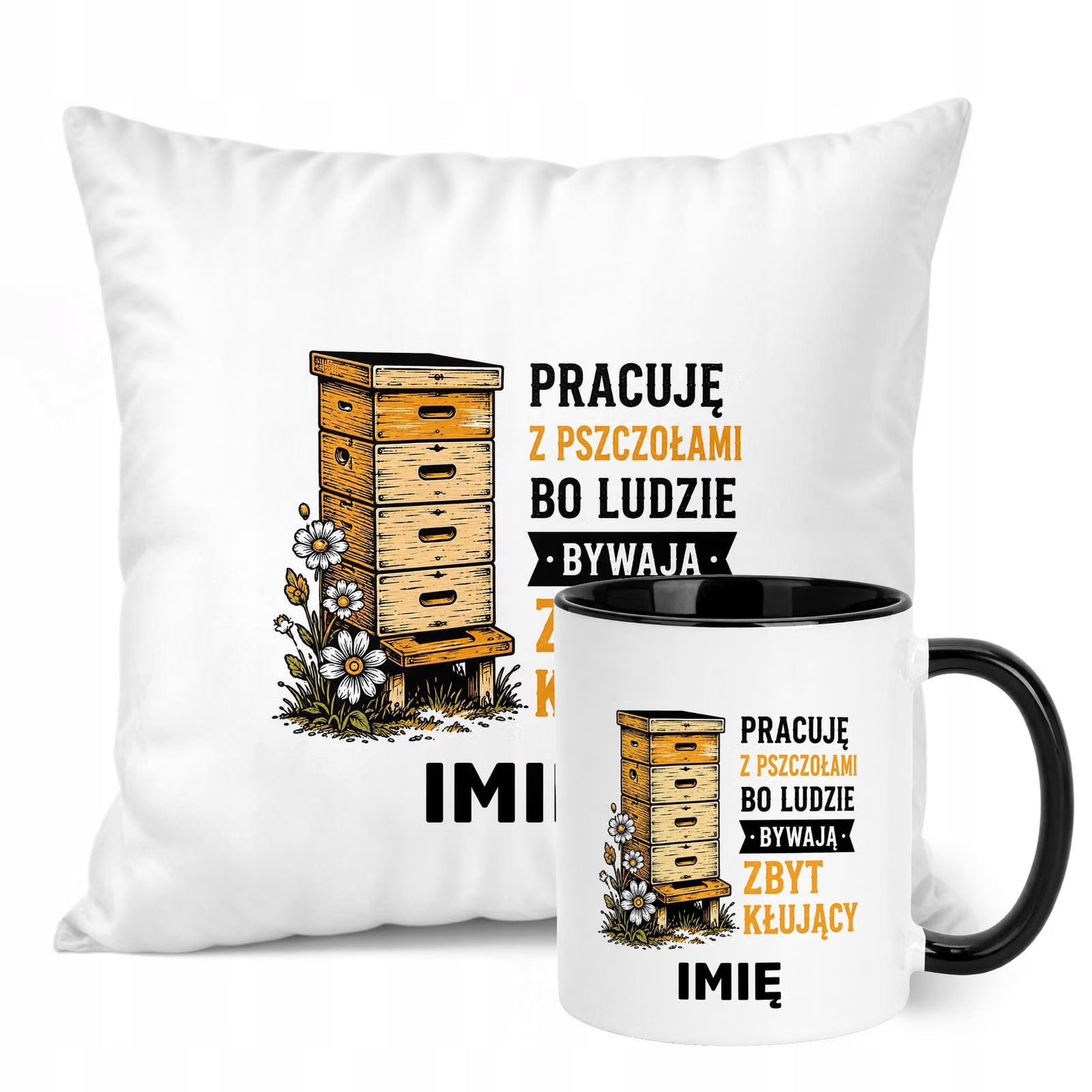 Zestaw Personalizowany Kubek Czarny Poduszka Z Nadrukiem Dla Pszczelarza