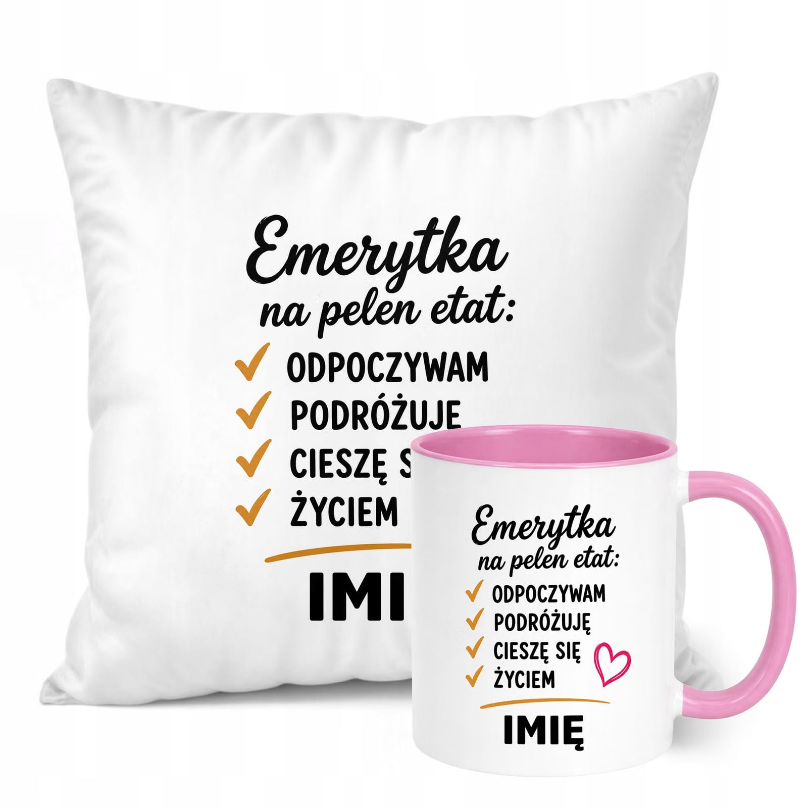 Zestaw Personalizowany Kubek Różowy Poduszka Emerytura Upominek Prezent