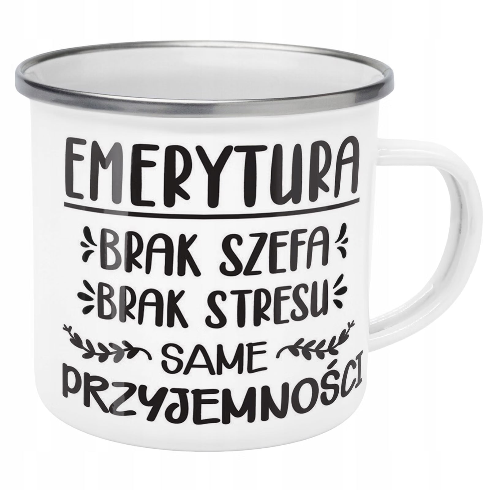 Kubek Emaliowany z okazji Emerytury Dla Emeryta z Nadrukiem Biały Metalowy