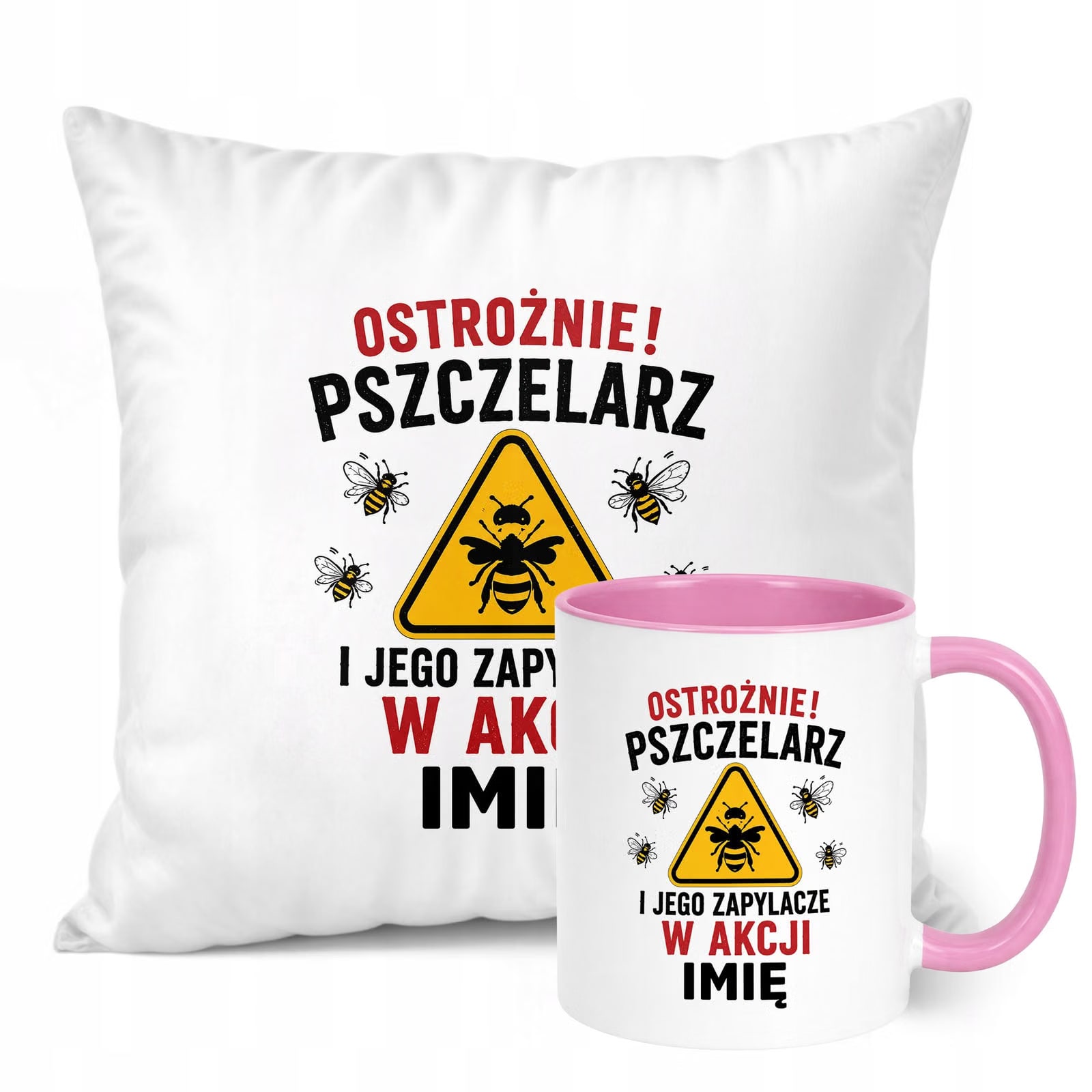 Zestaw Personalizowany Kubek Różowy Poduszka Z Nadrukiem Dla Pszczelarza