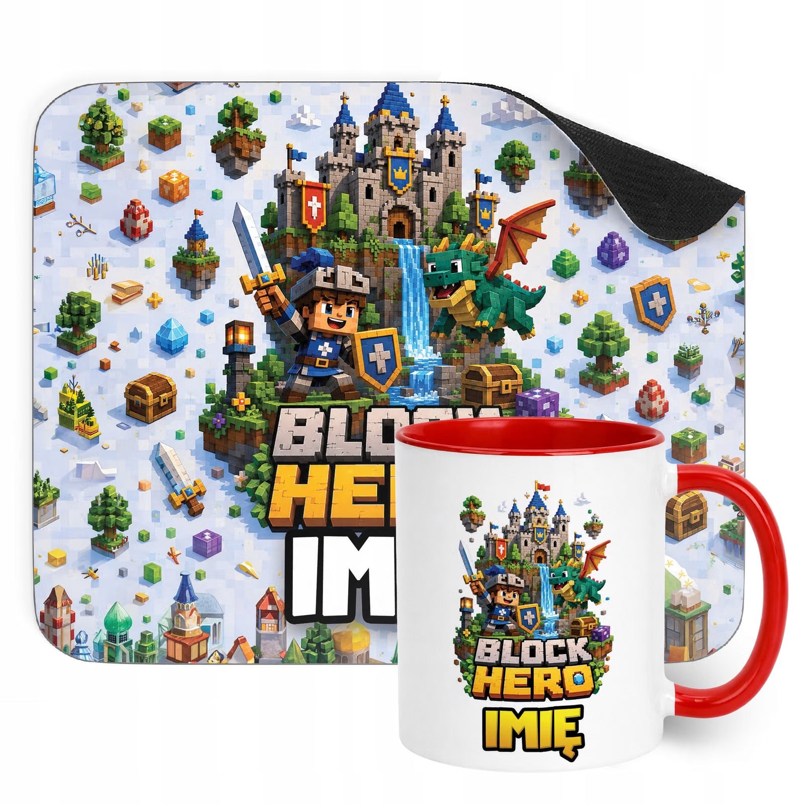 Zestaw personalizowany Kubek Czerwony Podkładka pod mysz gra Block Hero