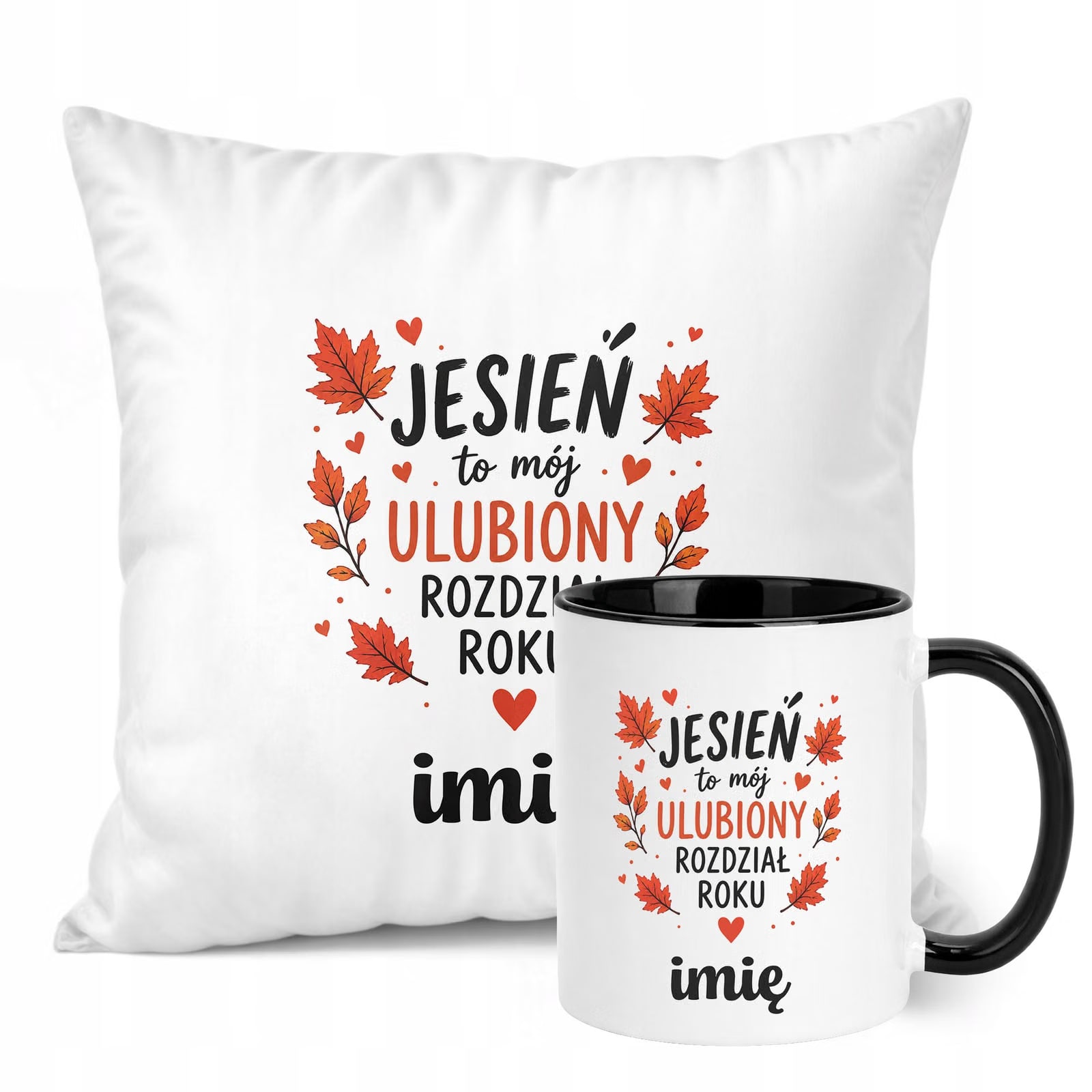 Zestaw Personalizowany Kubek Czarny Poduszka Jesień Jesienny Z Nadrukiem