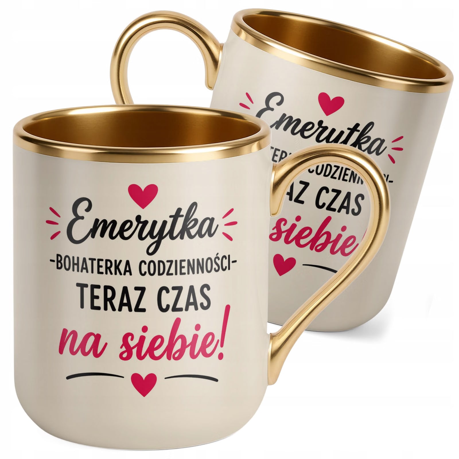 Kubek z nadrukiem Premium Złoty Ecru Emerytura Dla Emerytki Prezent