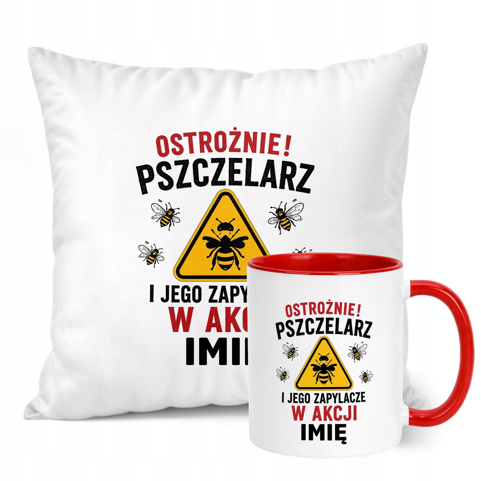 Zestaw Personalizowany Kubek Czerwony Poduszka Z Nadrukiem Dla Pszczelarza