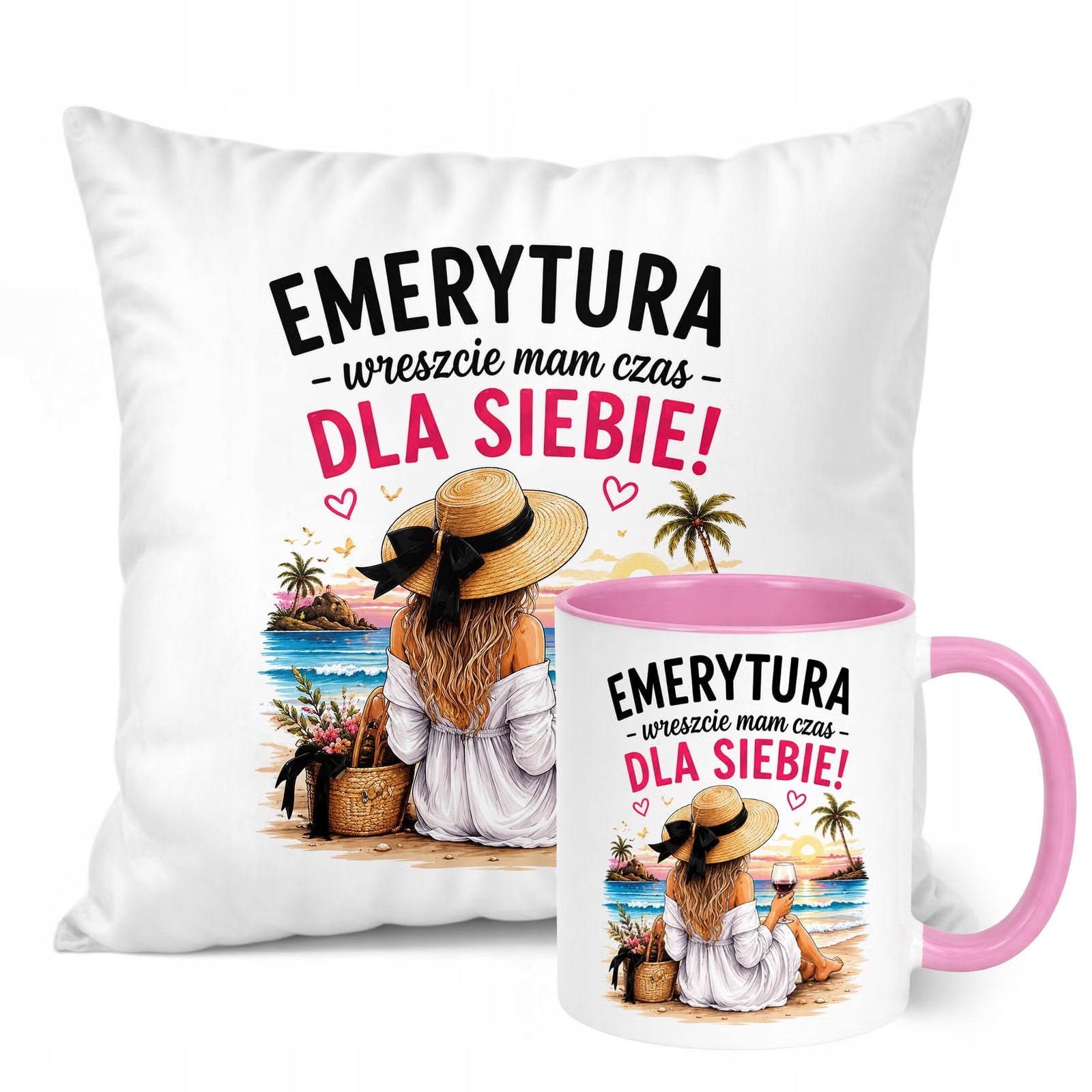 Zestaw Kubek Różowy Poduszka Z Nadrukiem Emerytura Dla Emerytki Prezent