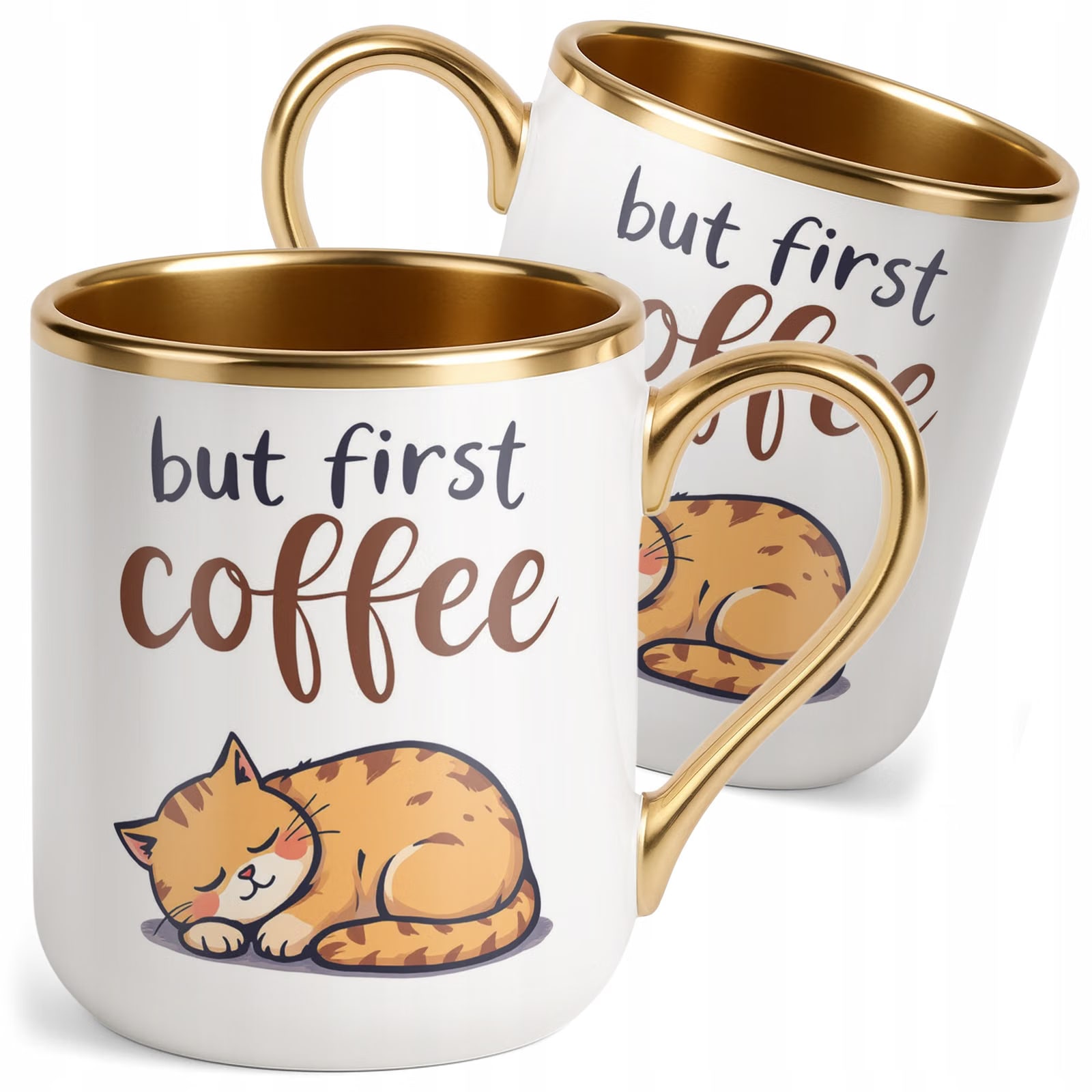 Kubek Premium Złoty But First Coffee Kawa Kot Dla Kociary Prezent
