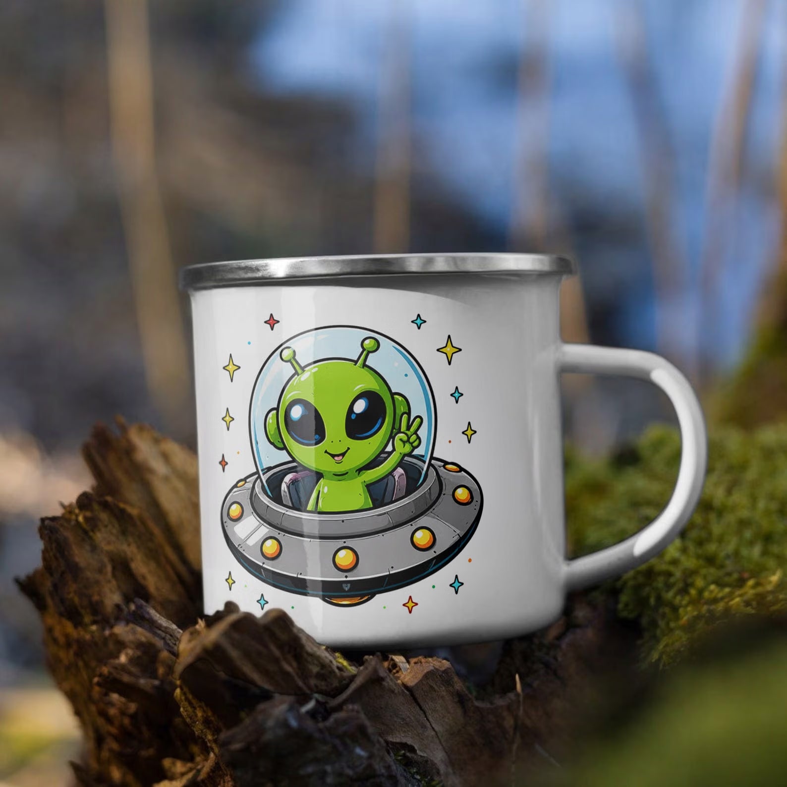 Zestaw Kubek Emaliowany Poduszka Z Nadrukiem Kosmita UFO Prezent