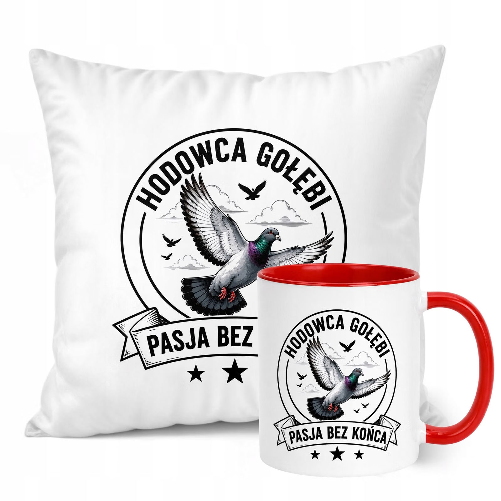 Zestaw Kubek Czerwony Poduszka Z Nadrukiem Dla Gołębiarza Prezent
