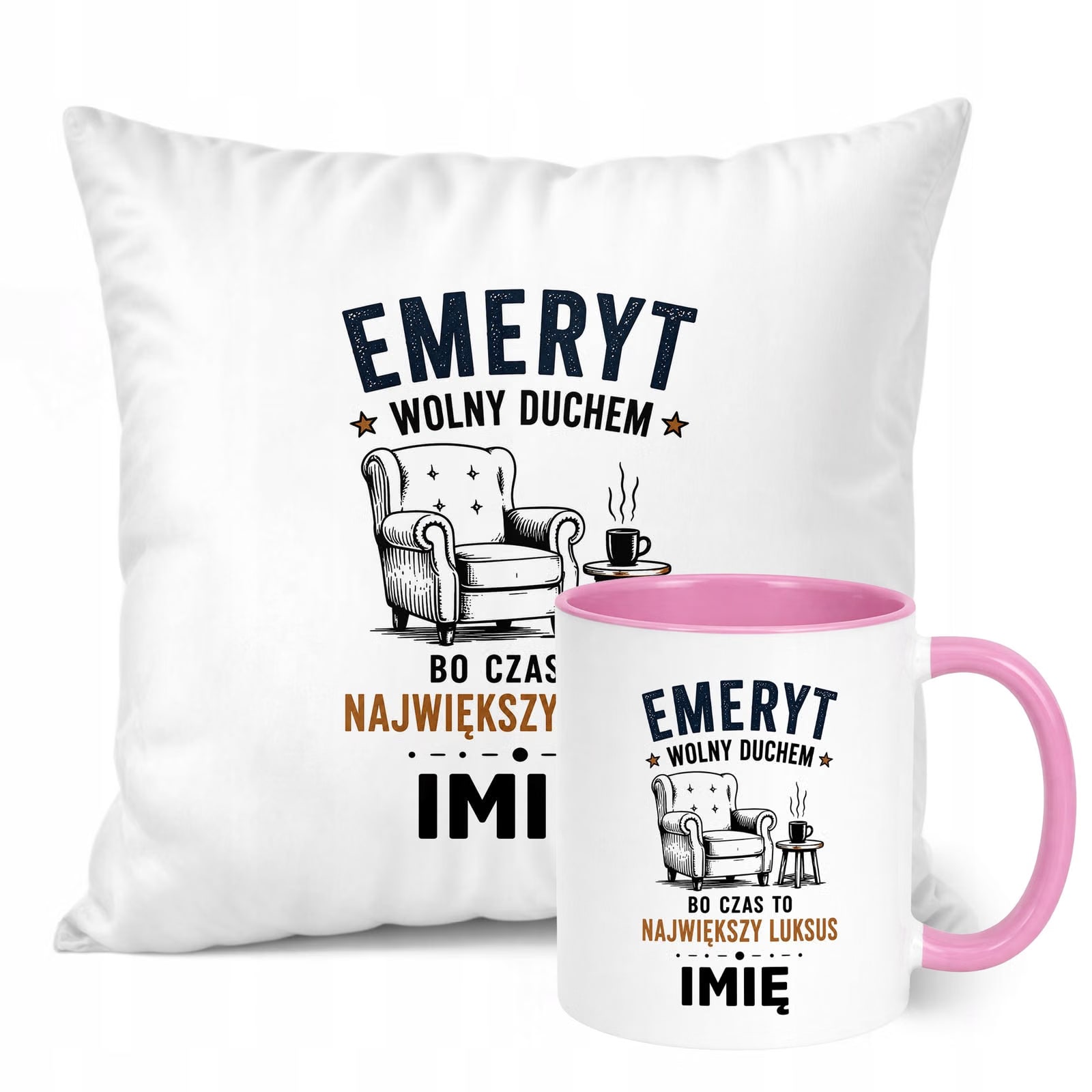 Zestaw Personalizowany Kubek Różowy Poduszka Emerytura Upominek Prezent