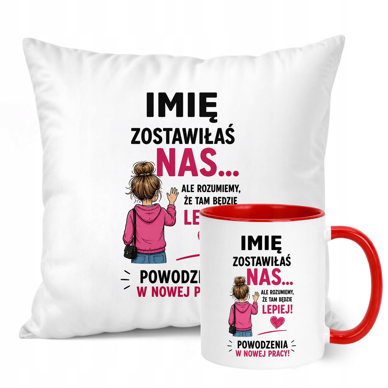Zestaw Personalizowany Kubek Czerwony Poduszka Odejście z Pracy Prezent