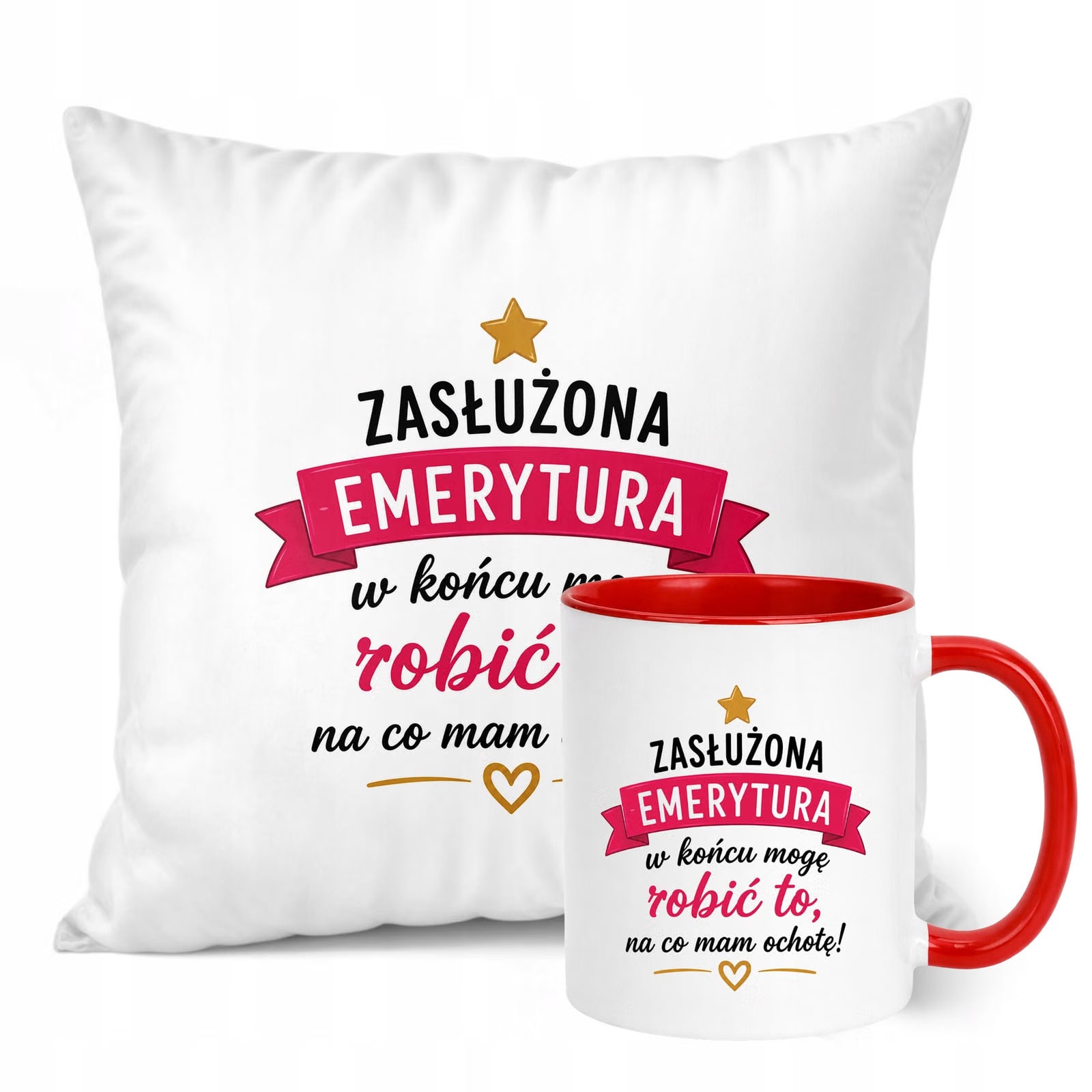 Zestaw Kubek Czerwony Poduszka Z Nadrukiem Emerytura Dla Emerytki Prezent
