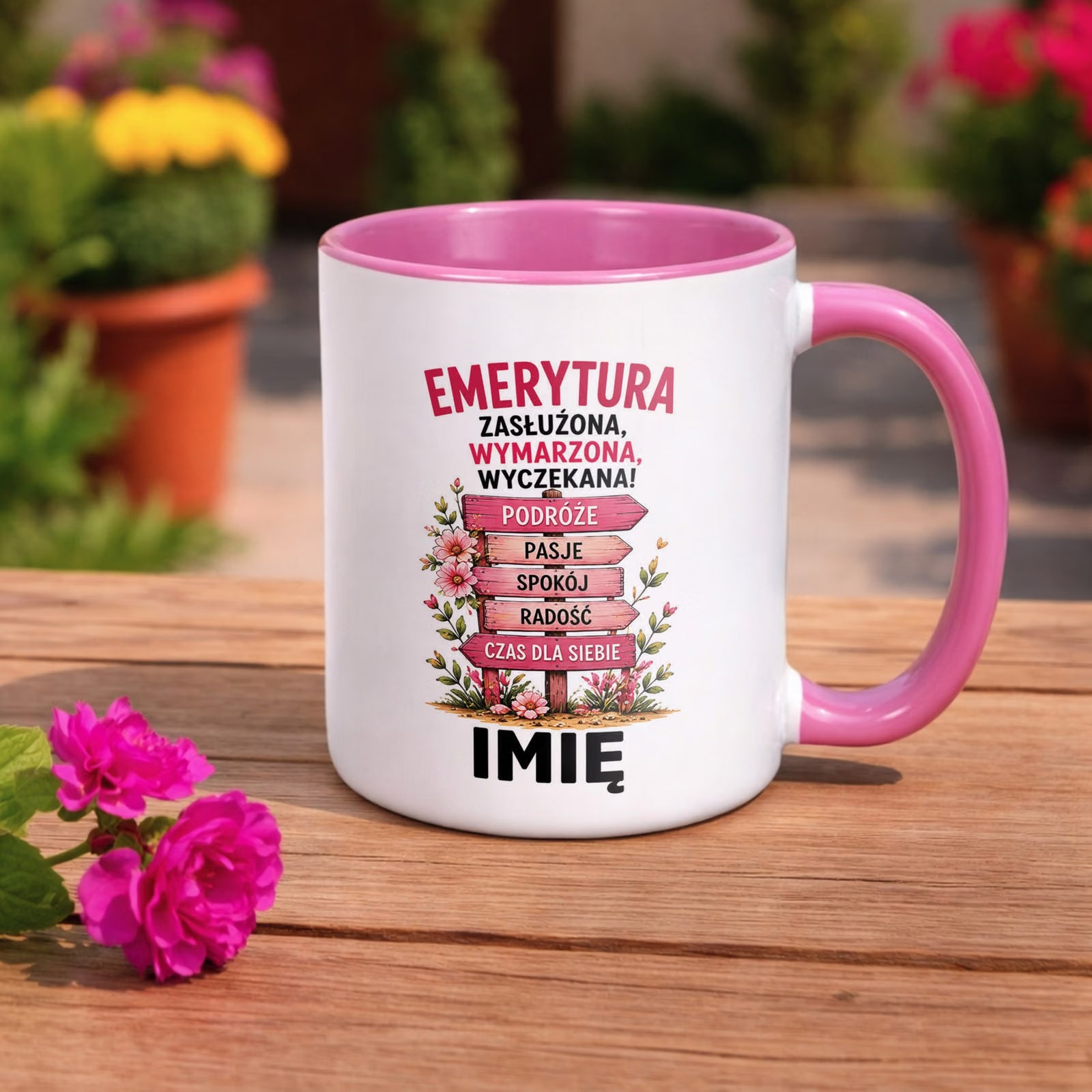 Kubek Różowy Personalizowany z Nadrukiem Emerytura Dla Emerytki Prezent