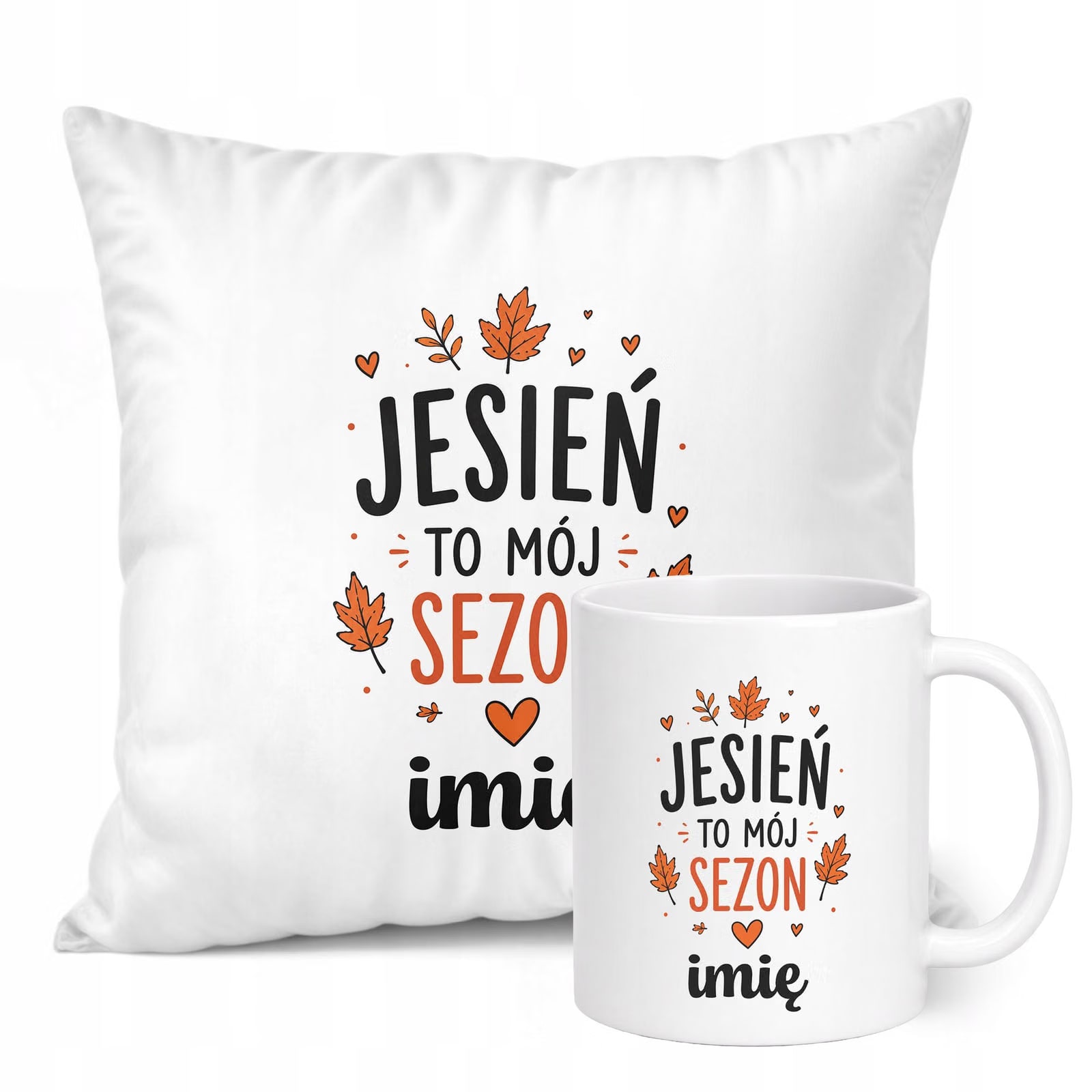 Zestaw Personalizowany Kubek Biały Poduszka Jesień Jesienny Z Nadrukiem