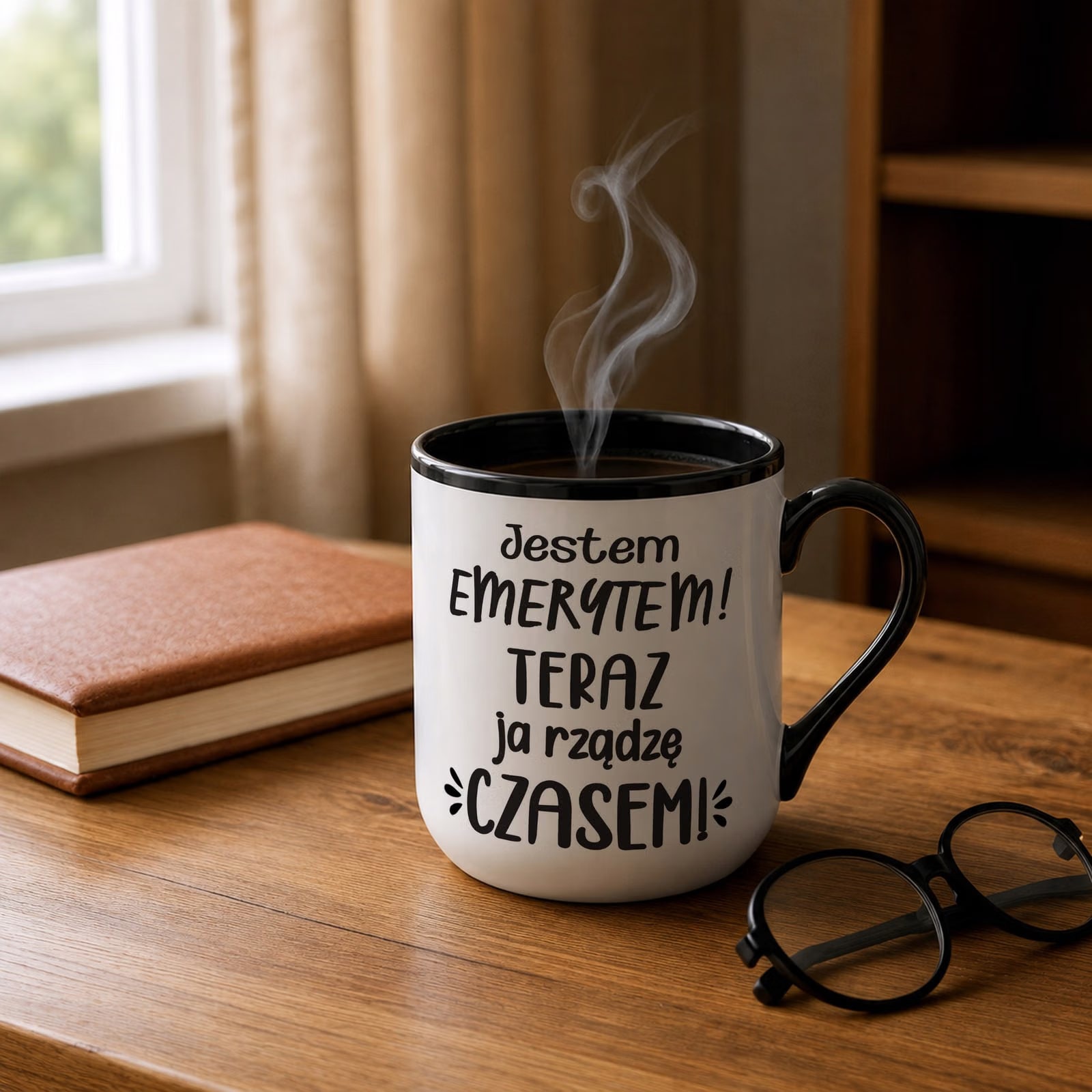 Kubek z nadrukiem Premium Czarny Emerytura Dla Emeryta Upominek Prezent